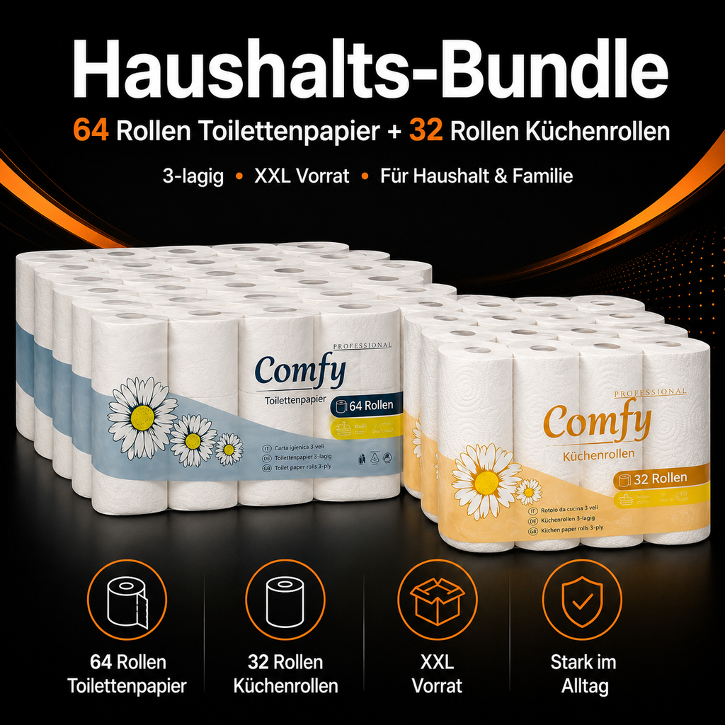 XXL Sparpaket – 96 Rollen Toilettenpapier & Küchenrollen | 3-lagiges Comfy Vorteilspack