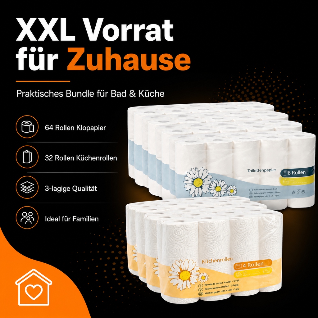 XXL Sparpaket – 96 Rollen Toilettenpapier & Küchenrollen | 3-lagiges Comfy Vorteilspack