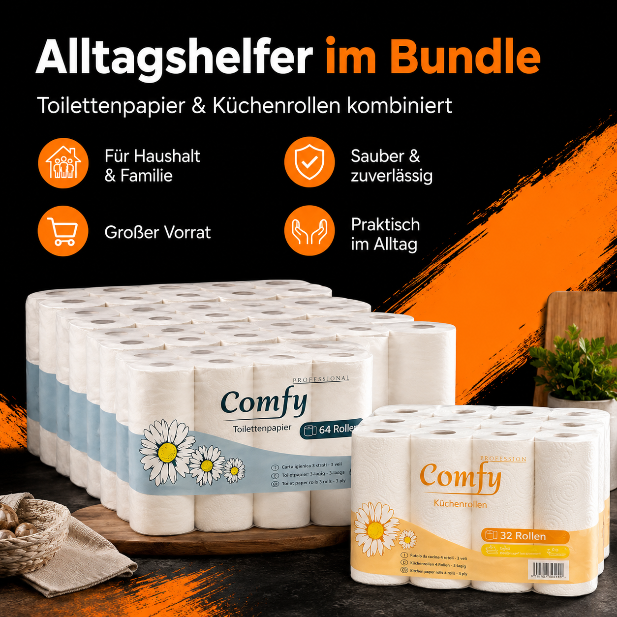 XXL Sparpaket – 96 Rollen Toilettenpapier & Küchenrollen | 3-lagiges Comfy Vorteilspack