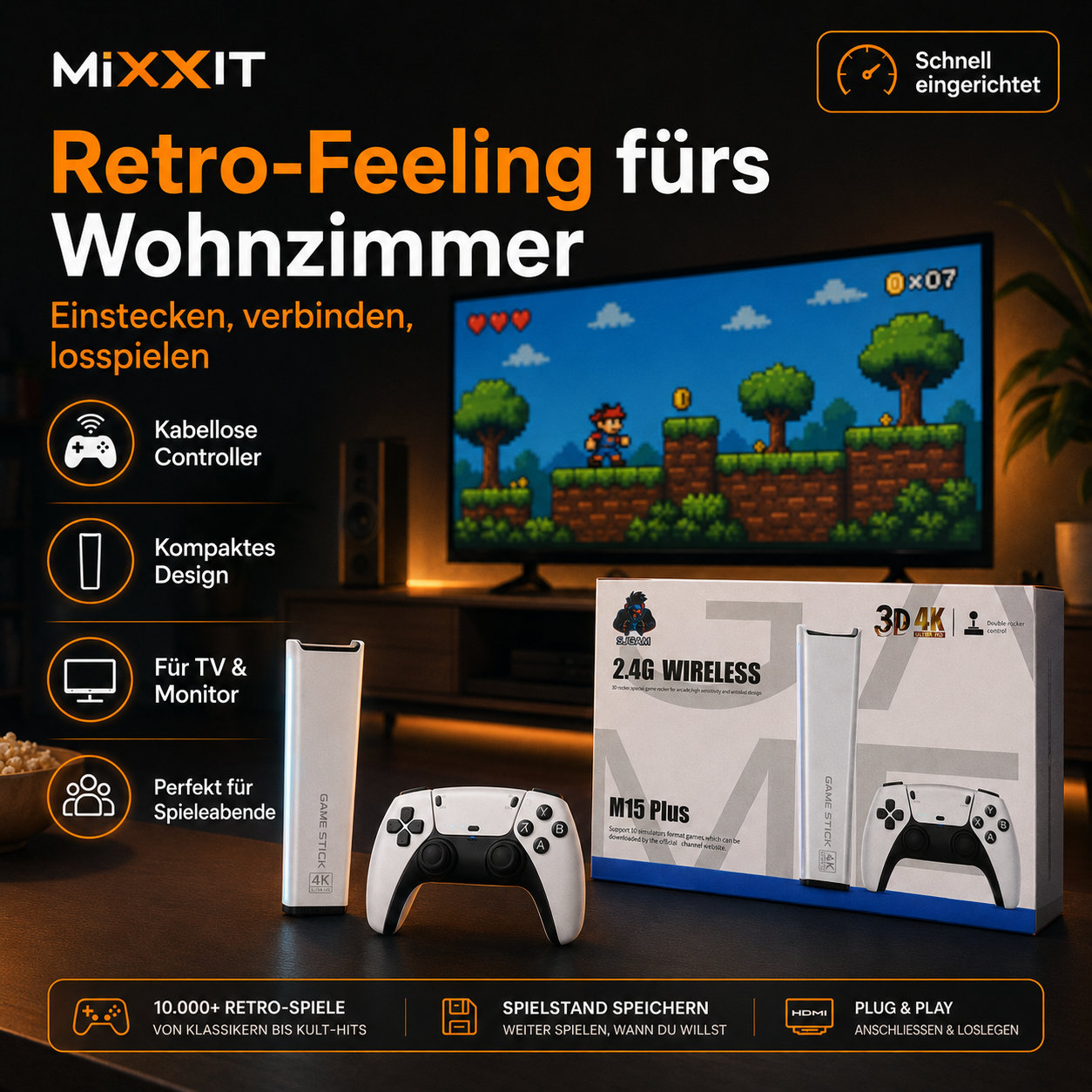 M15 Plus 4K Retro Game Stick – Spielekonsole mit 2 kabellosen Controllern