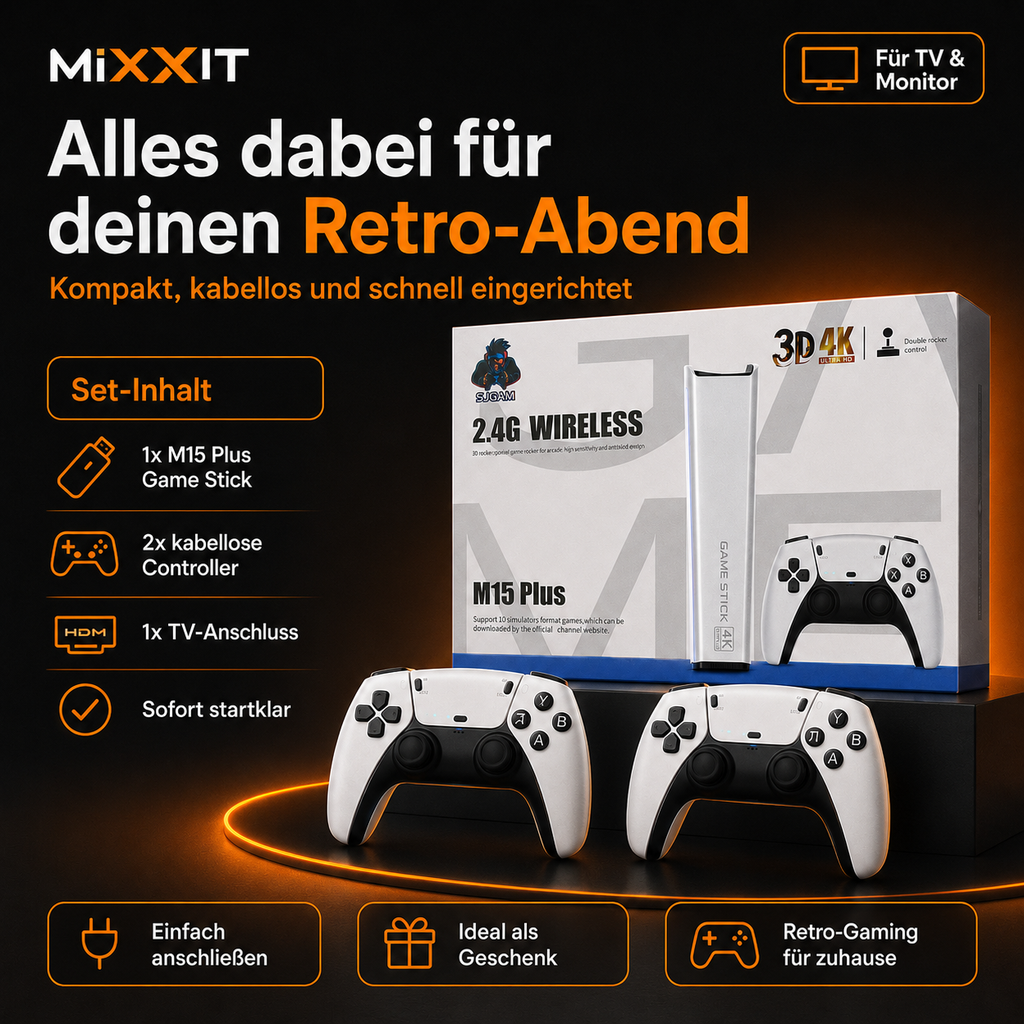 M15 Plus 4K Retro Game Stick – Spielekonsole mit 2 kabellosen Controllern