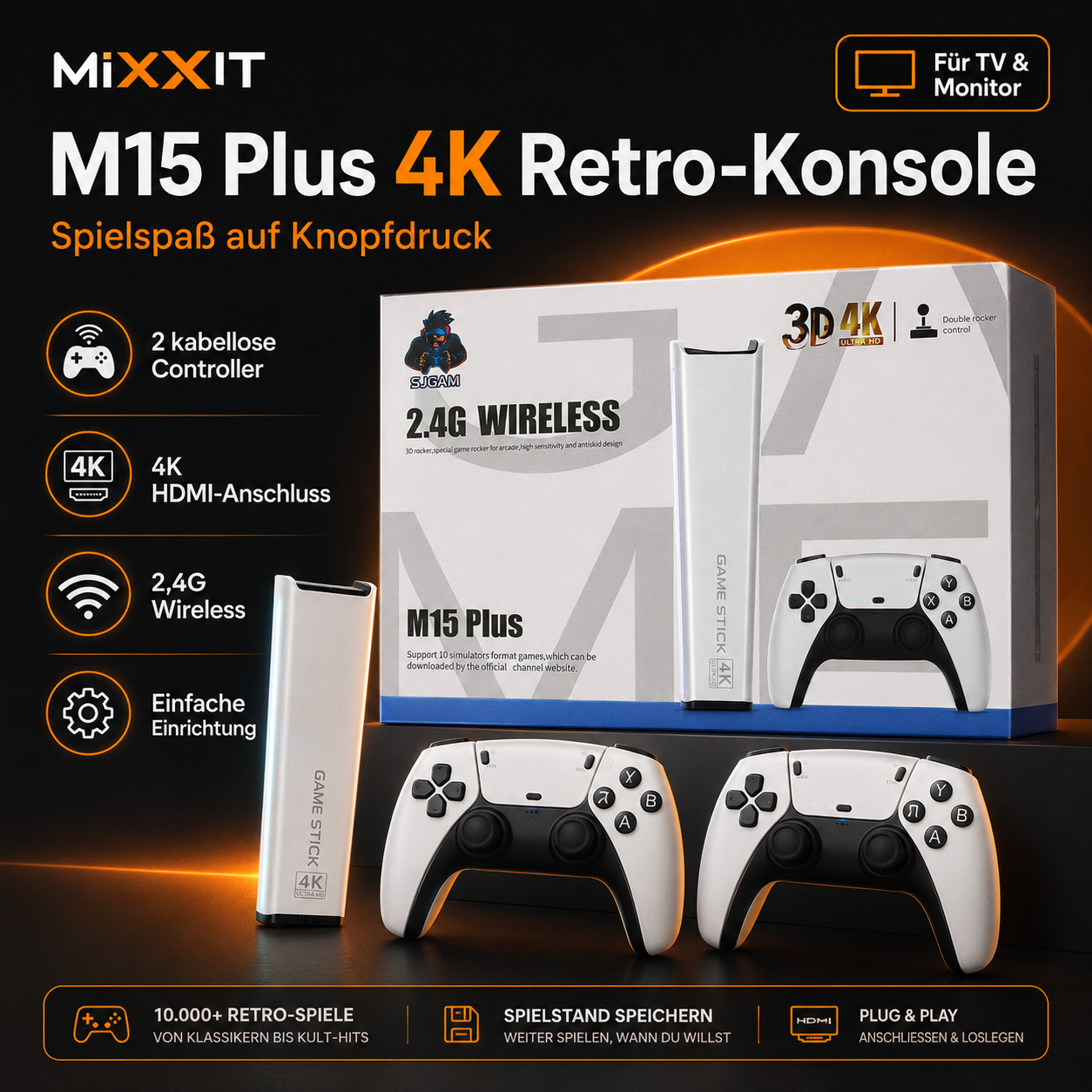 M15 Plus 4K Retro Game Stick – Spielekonsole mit 2 kabellosen Controllern