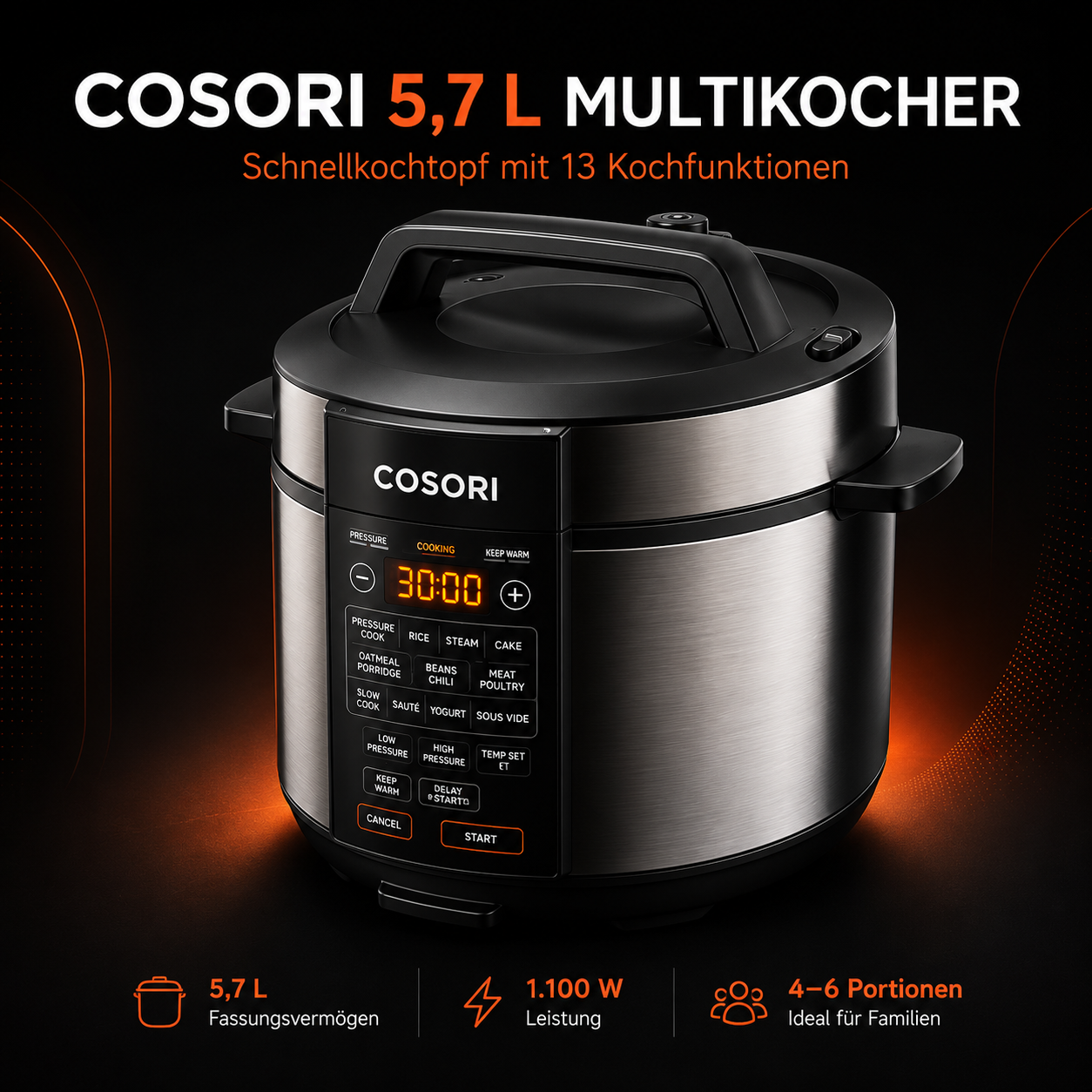 COSORI 5,7 L Multikocher & Schnellkochtopf – 13 Kochfunktionen, 1.100 W