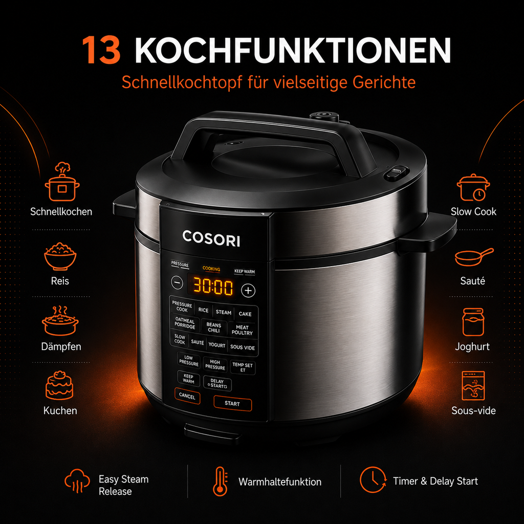 COSORI 5,7 L Multikocher & Schnellkochtopf – 13 Kochfunktionen, 1.100 W