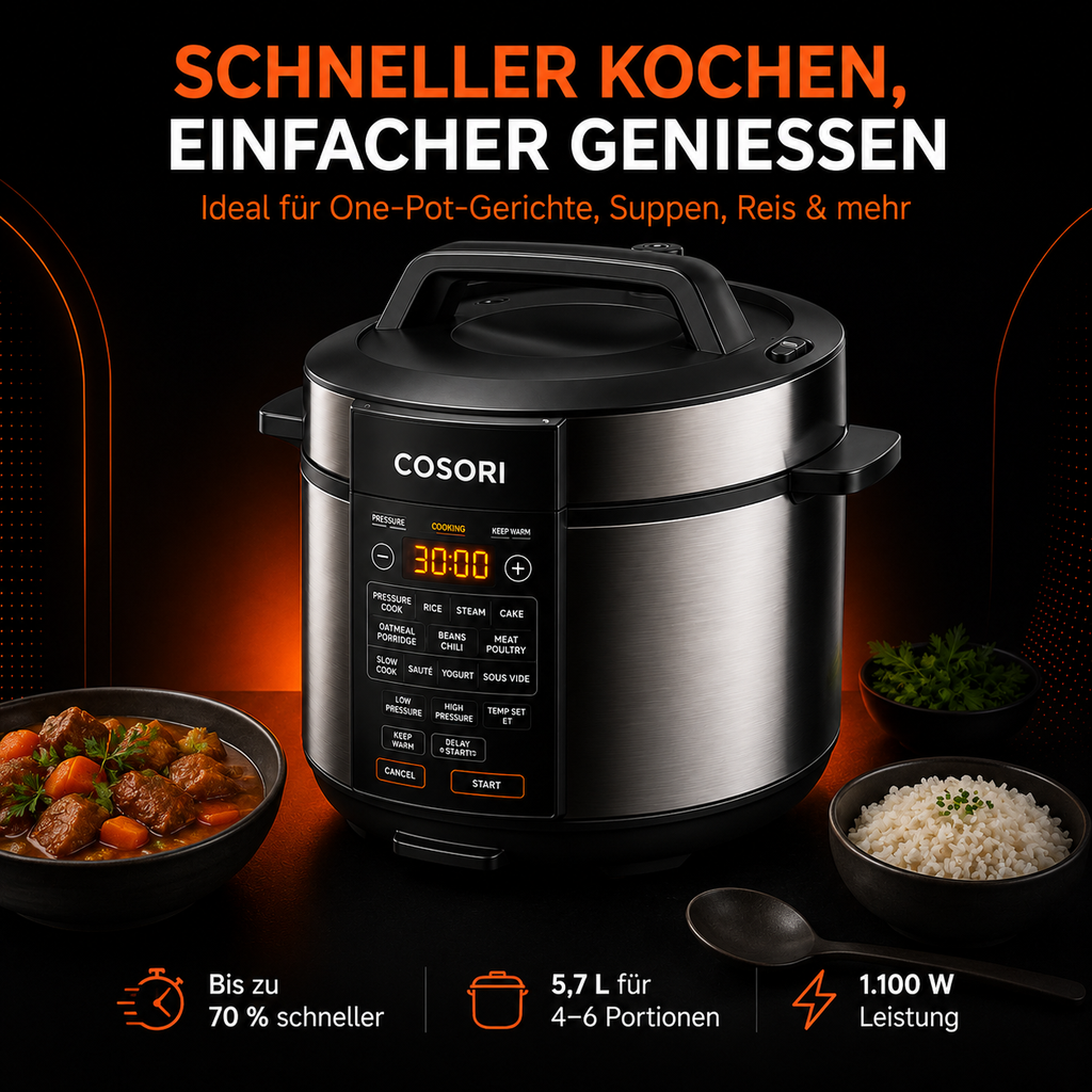 COSORI 5,7 L Multikocher & Schnellkochtopf – 13 Kochfunktionen, 1.100 W