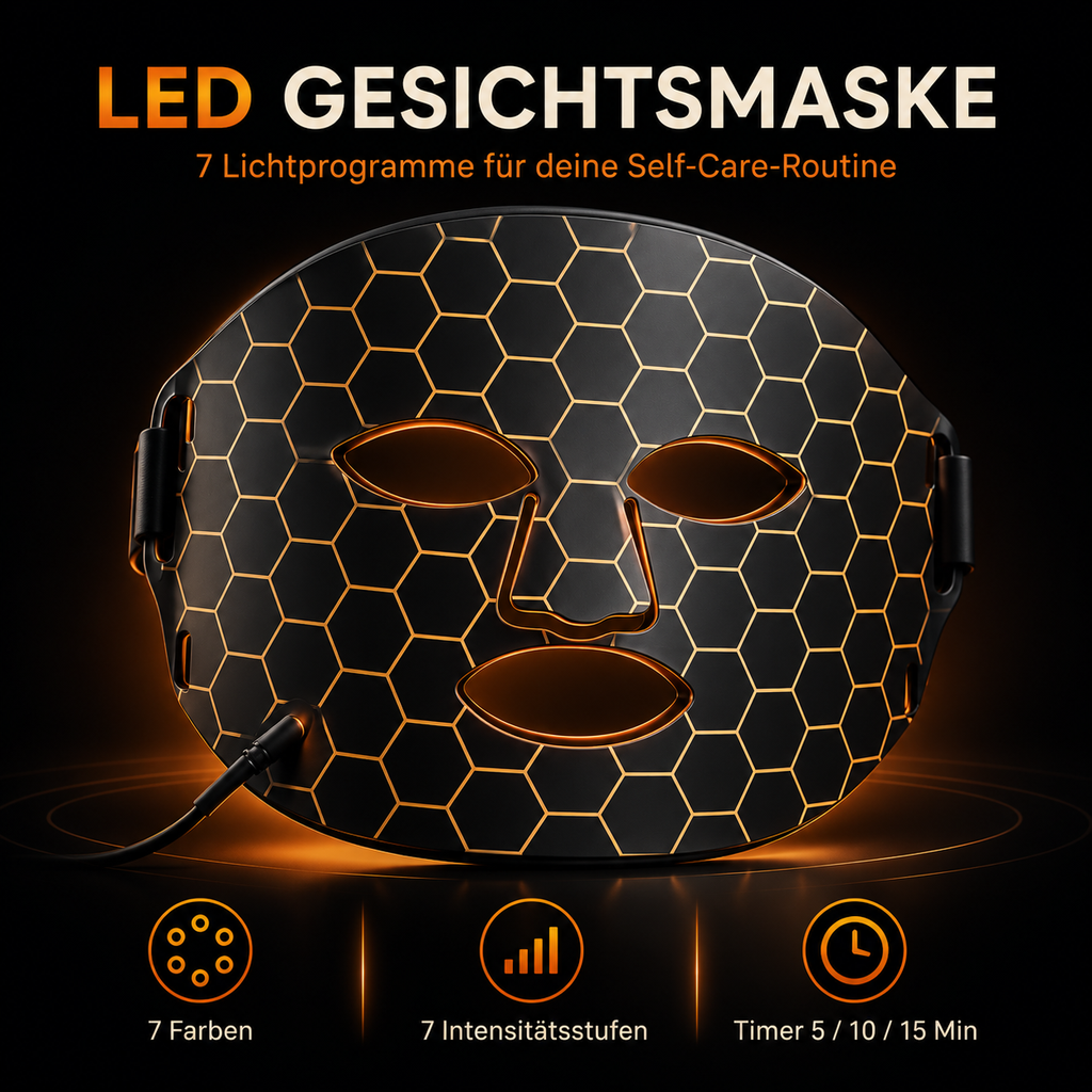 LED-Gesichtsmaske mit 7 Lichtprogrammen – flexible Silikonmaske mit Controller, Timer & USB-C