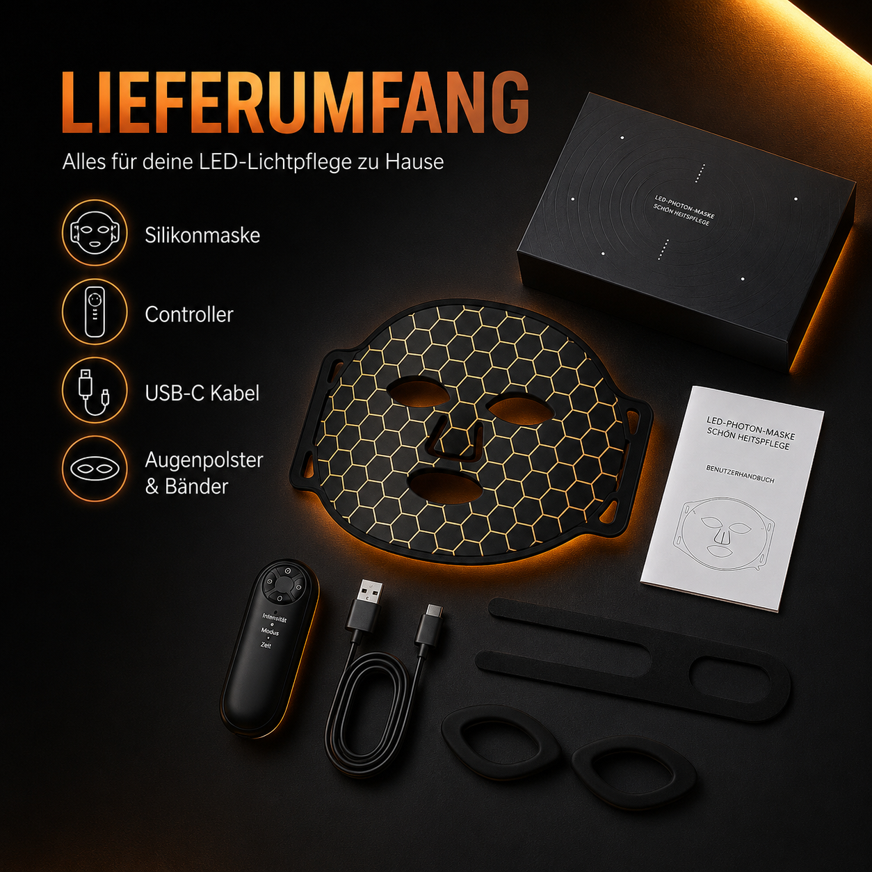 LED-Gesichtsmaske mit 7 Lichtprogrammen – flexible Silikonmaske mit Controller, Timer & USB-C