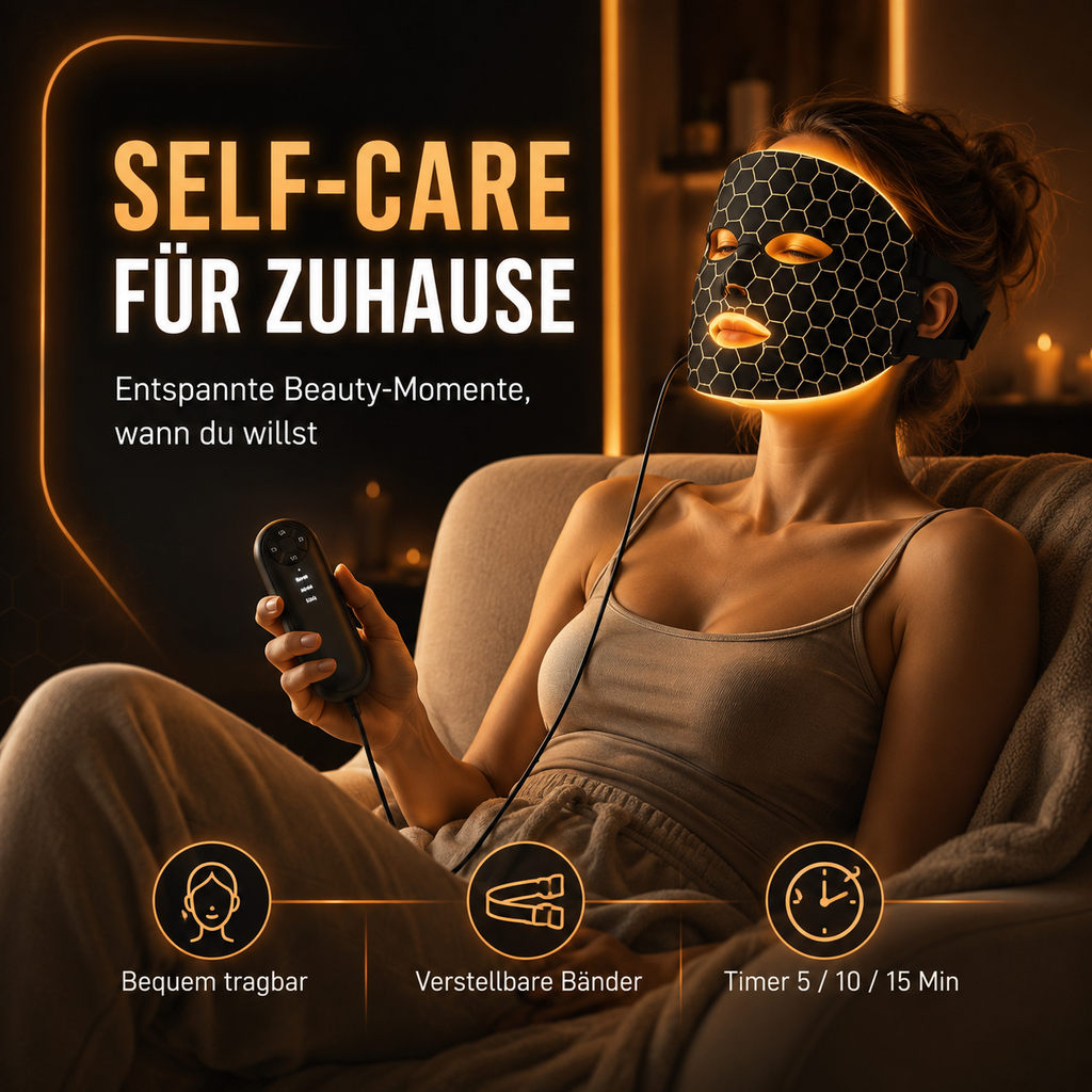 LED-Gesichtsmaske mit 7 Lichtprogrammen – flexible Silikonmaske mit Controller, Timer & USB-C