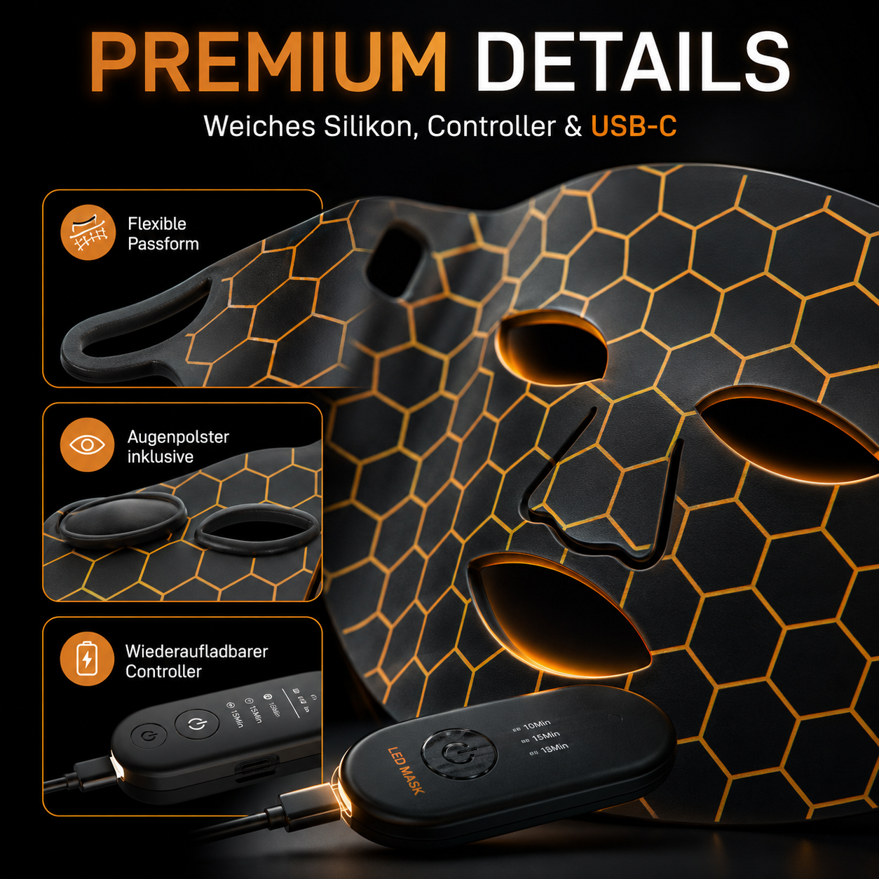 LED-Gesichtsmaske mit 7 Lichtprogrammen – flexible Silikonmaske mit Controller, Timer & USB-C