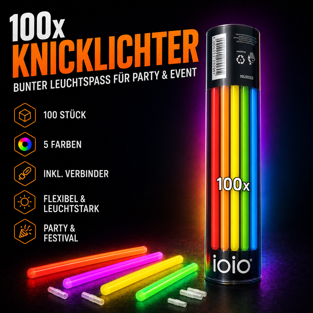 100x Knicklichter in 5 Farben inkl. Verbinder – Party & Festival