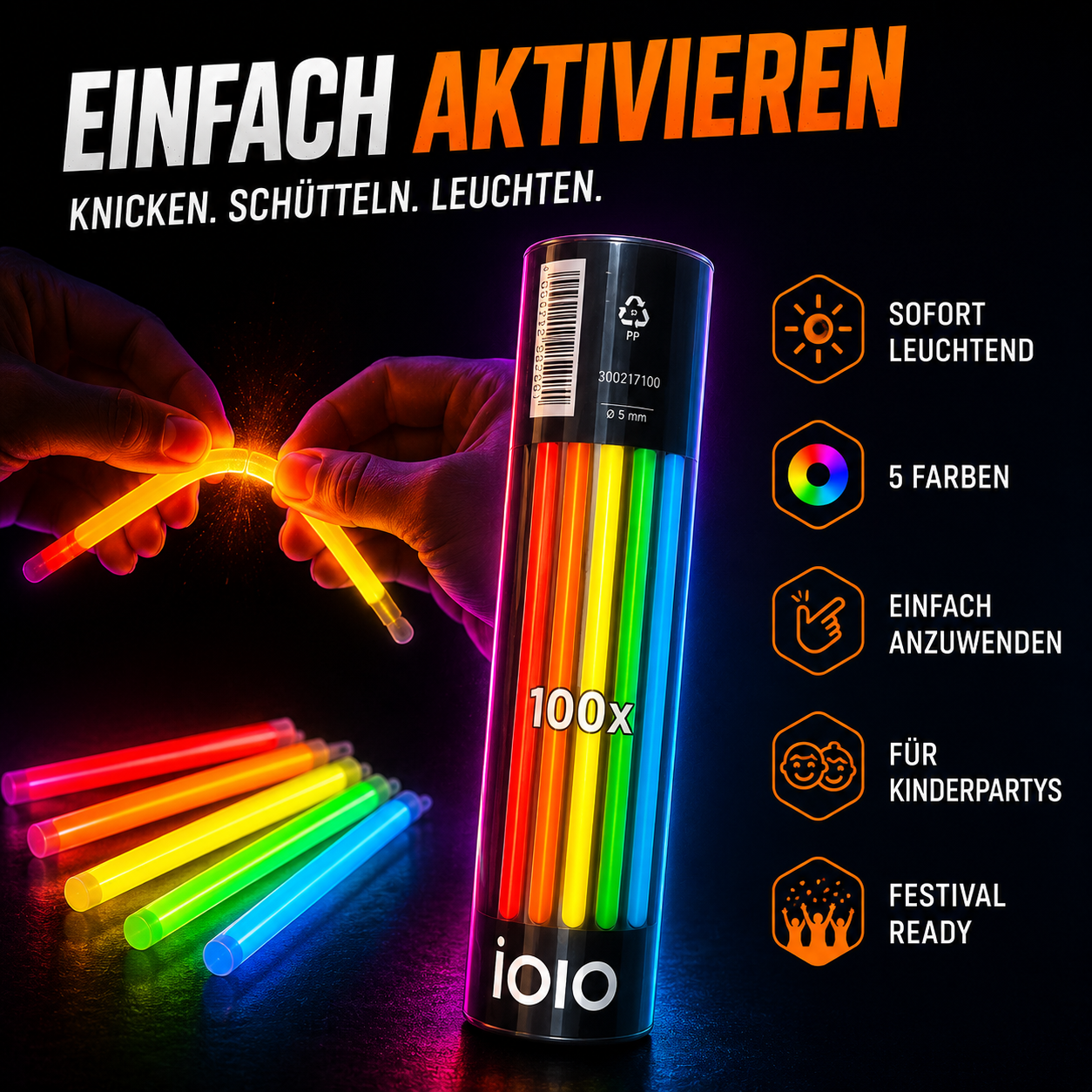 100x Knicklichter in 5 Farben inkl. Verbinder – Party & Festival