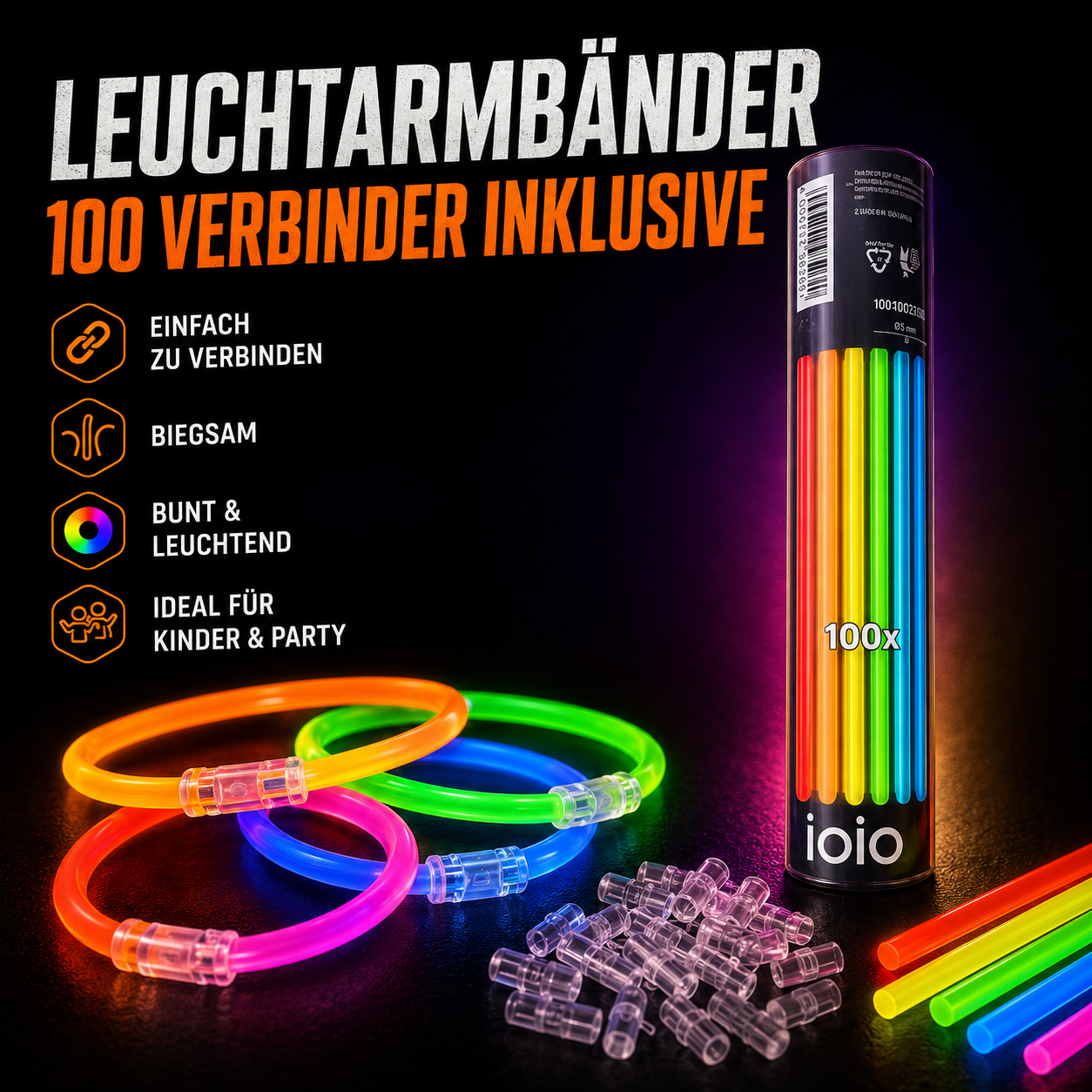 100x Knicklichter in 5 Farben inkl. Verbinder – Party & Festival