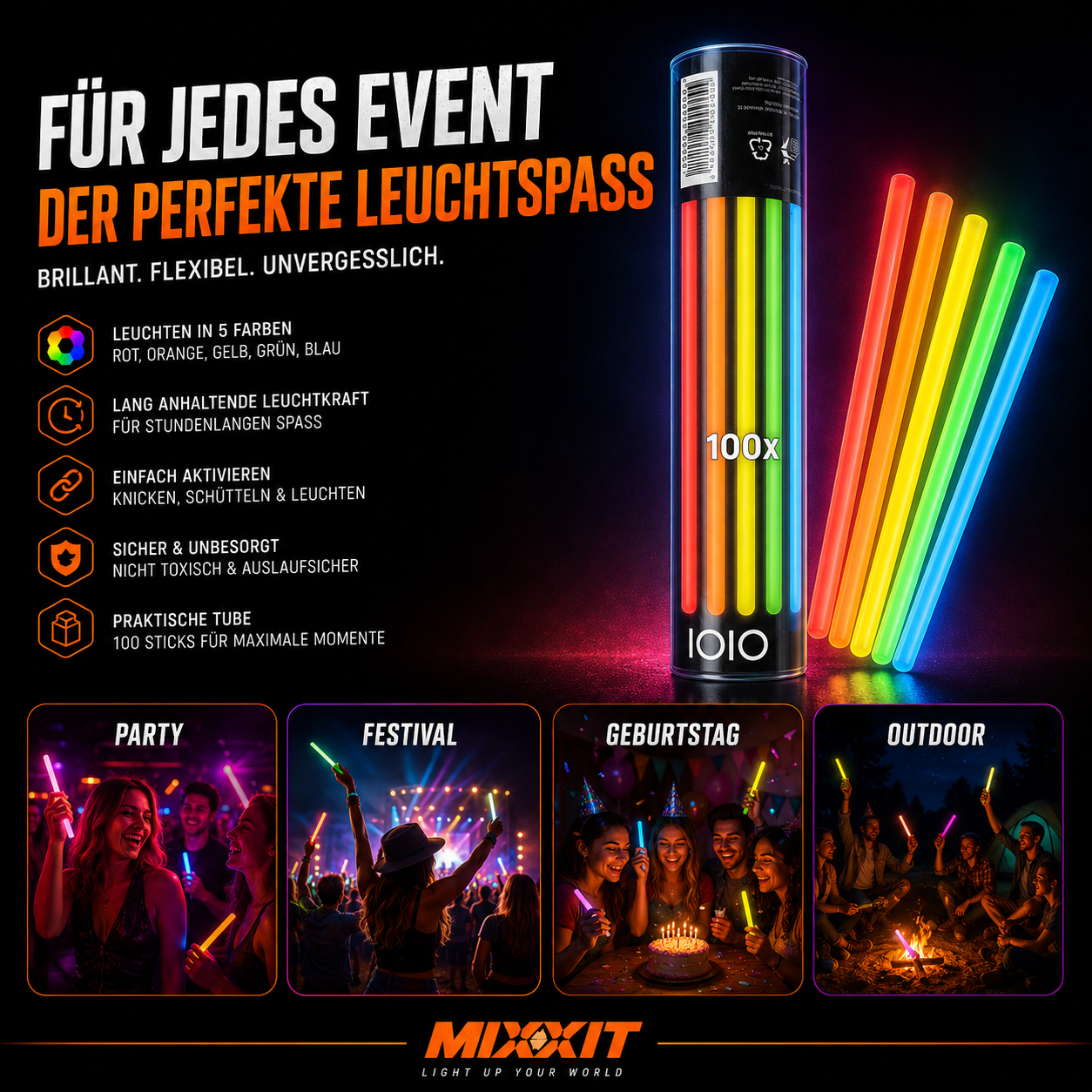 100x Knicklichter in 5 Farben inkl. Verbinder – Party & Festival