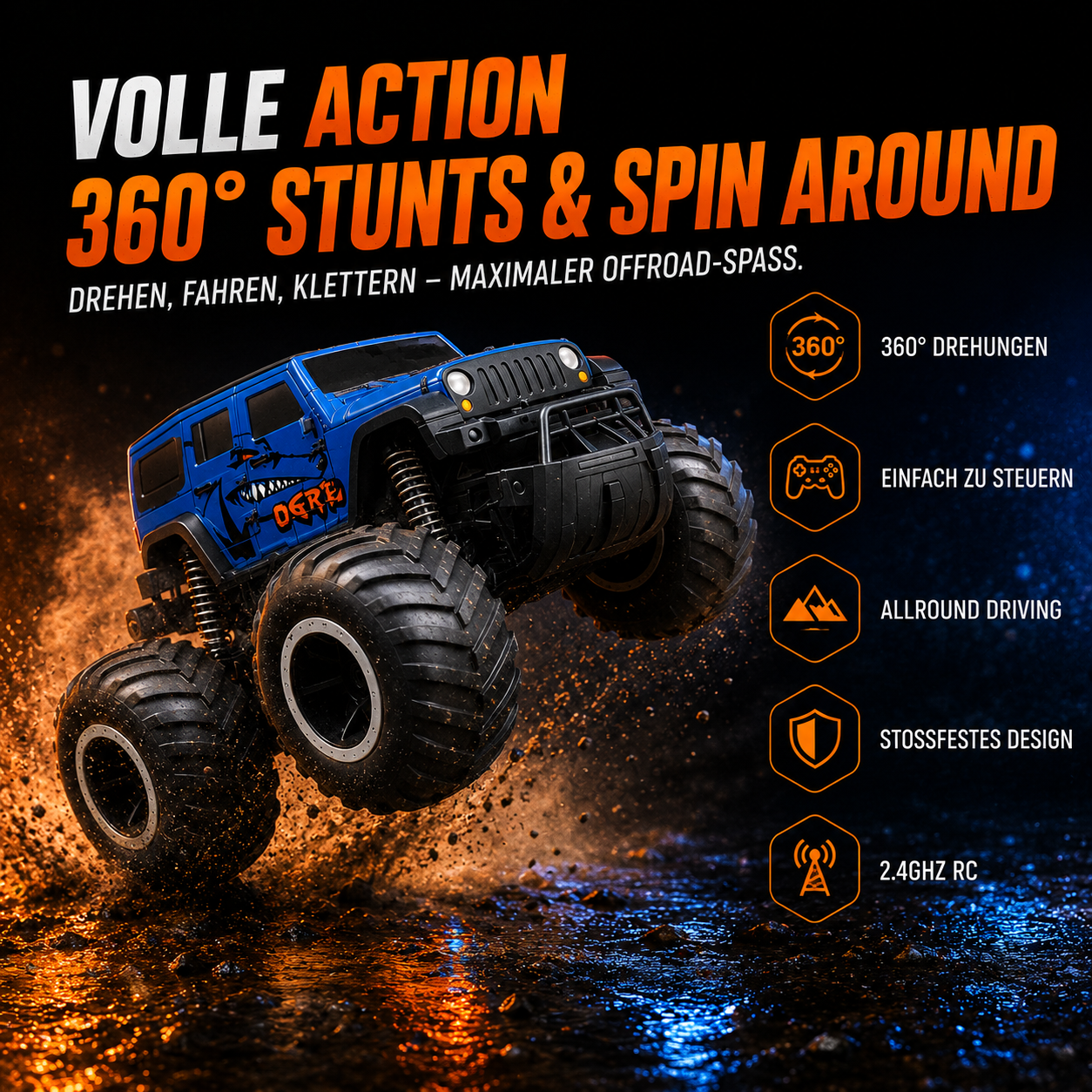 Gindoly RC Monstertruck 4WD – 2,4 GHz, 360° Stunts & All-Terrain