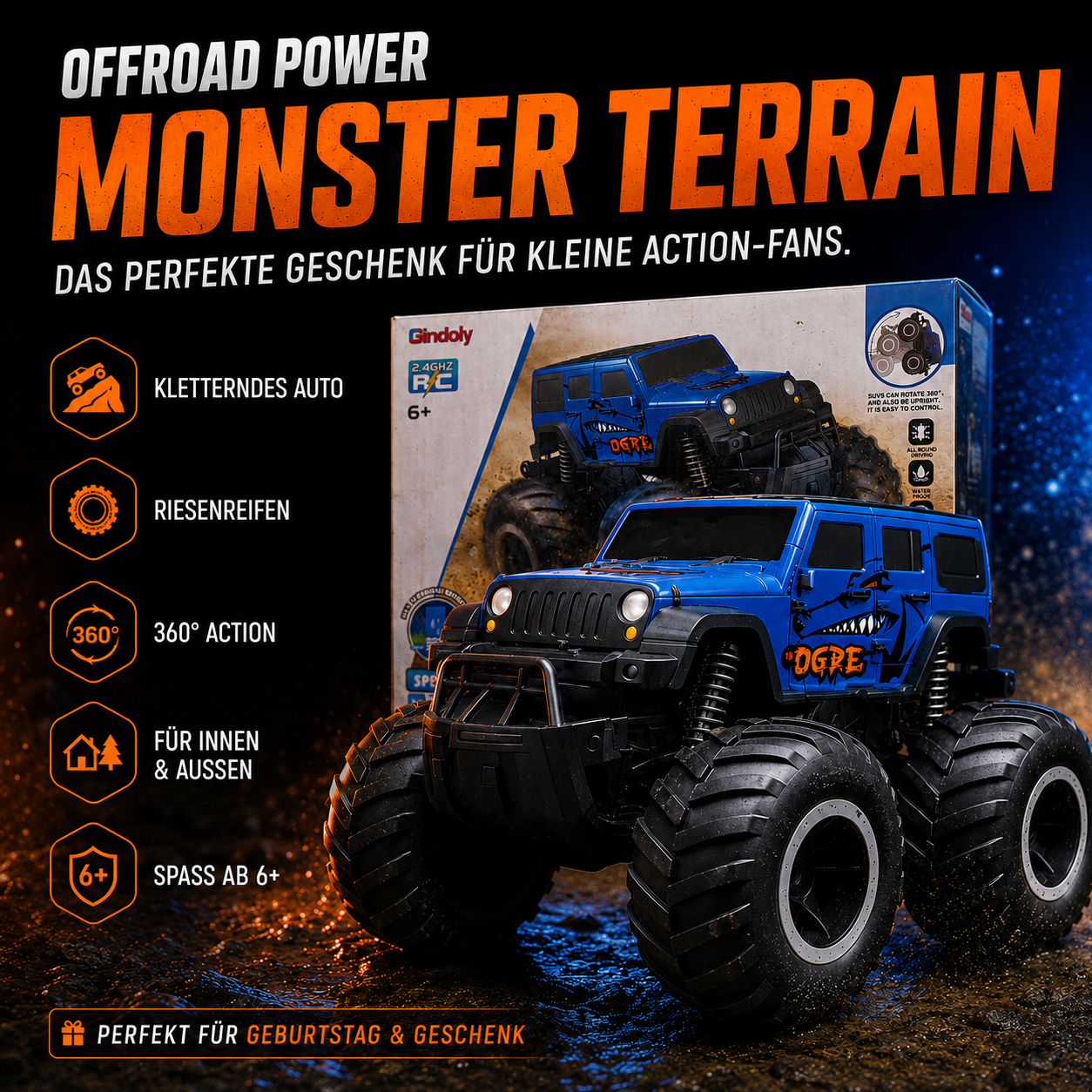 Gindoly RC Monstertruck 4WD – 2,4 GHz, 360° Stunts & All-Terrain