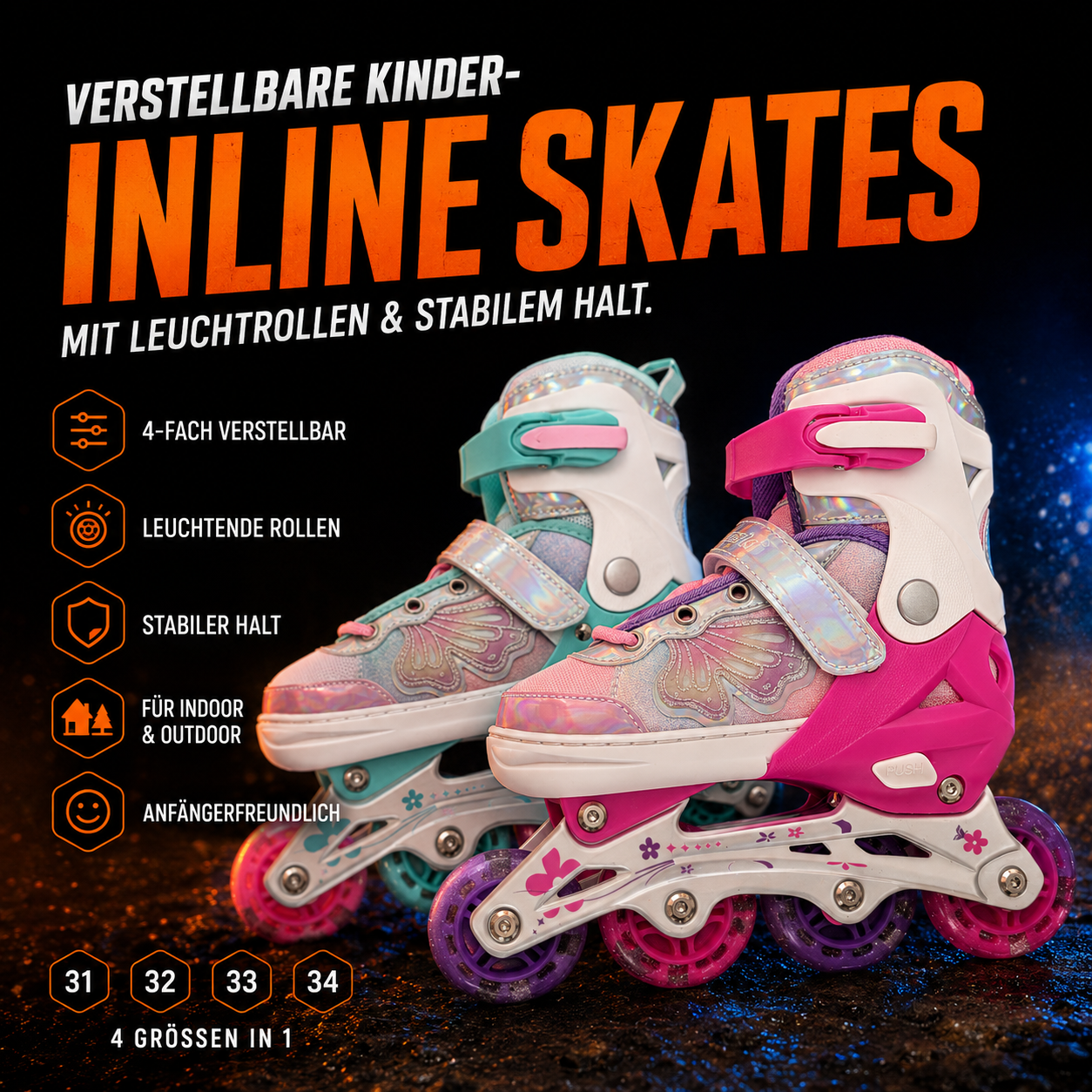 Verstellbare Kinder-Inlineskates mit Leuchtrollen – Rosa oder Mint