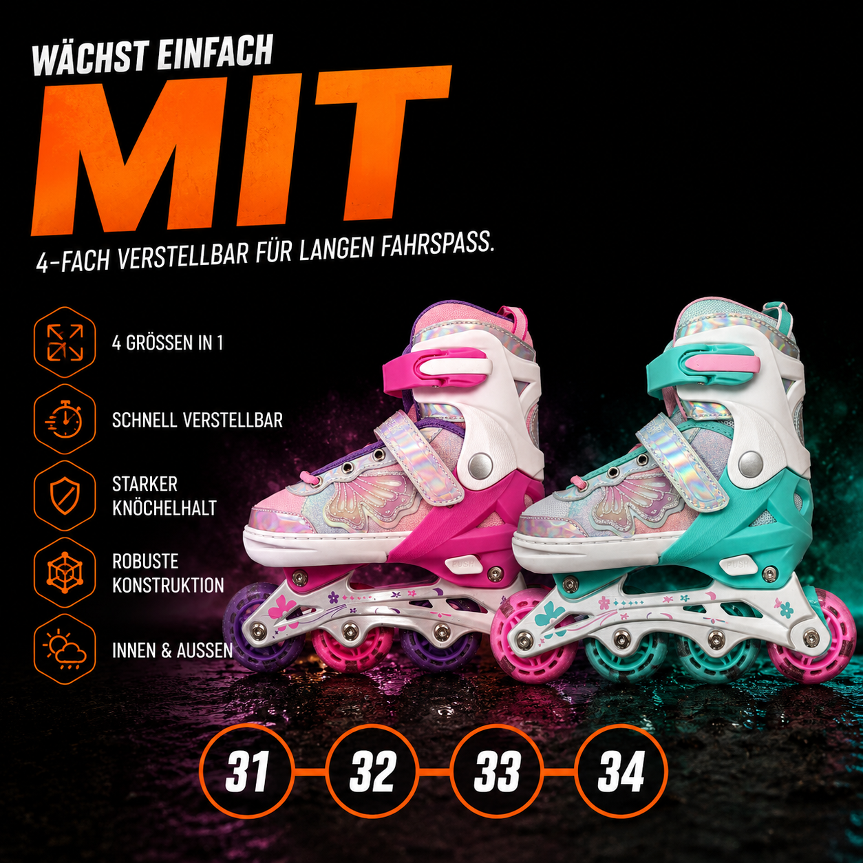 Verstellbare Kinder-Inlineskates mit Leuchtrollen – Rosa oder Mint