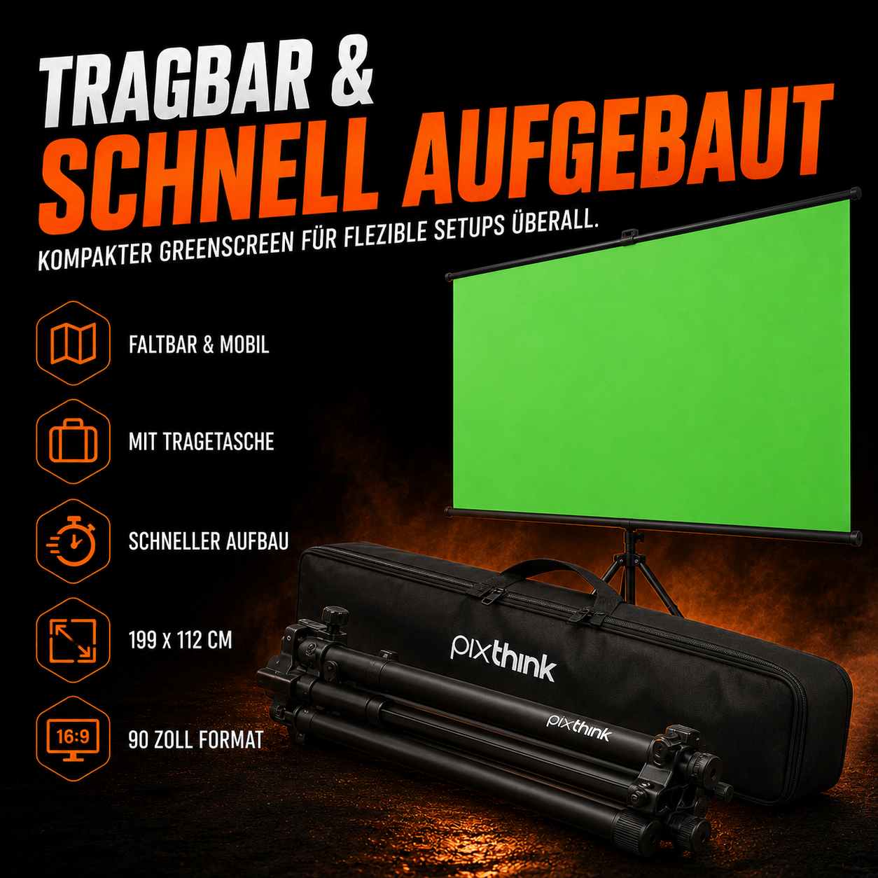 Mobiler Green Screen mit Stativ –199 x 112 cm für Streaming & Video |  PIXTHINK