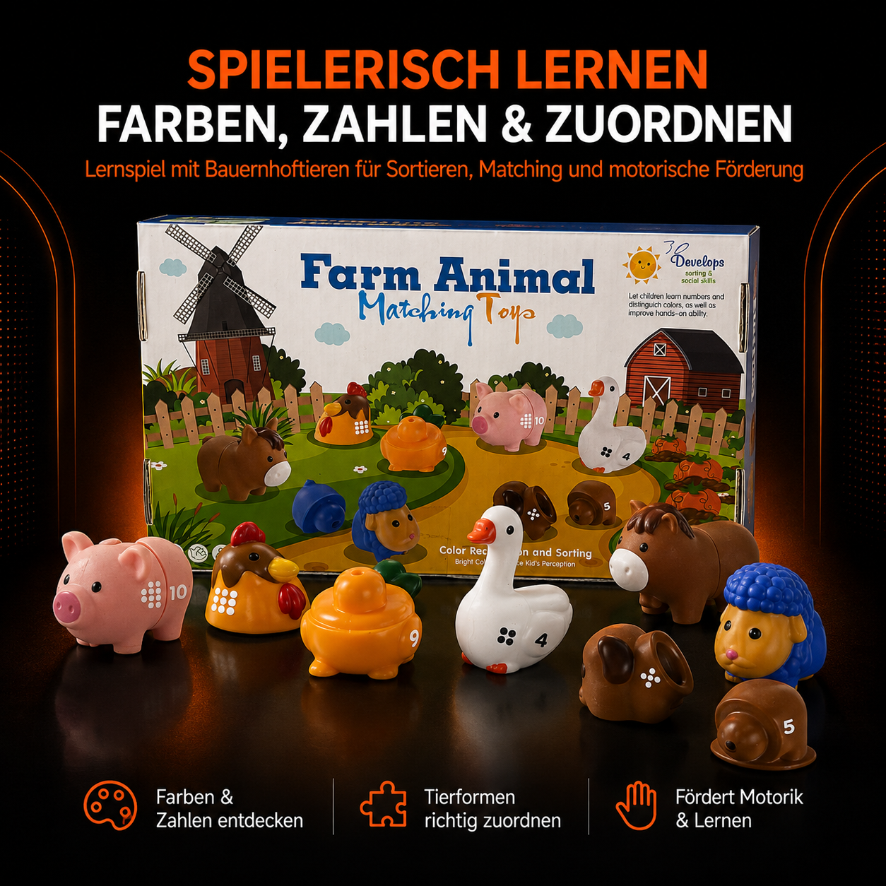 Montessori Bauernhof Lernspiel – Tiere, Farben & Zahlen zuordnen