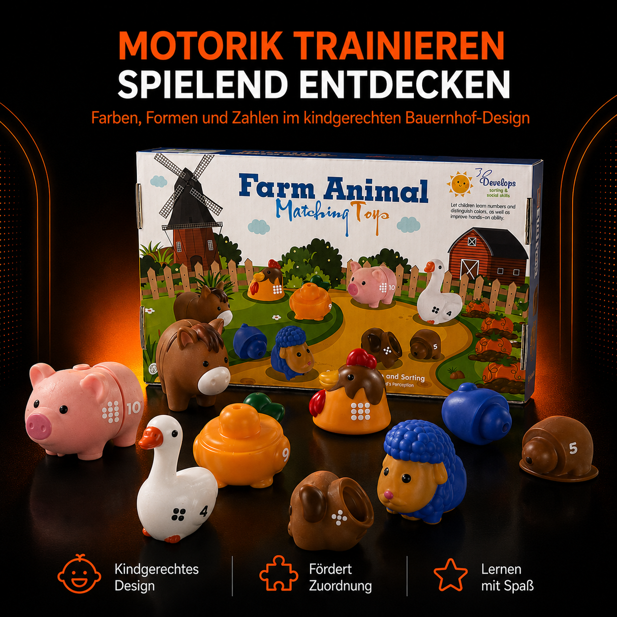 Montessori Bauernhof Lernspiel – Tiere, Farben & Zahlen zuordnen
