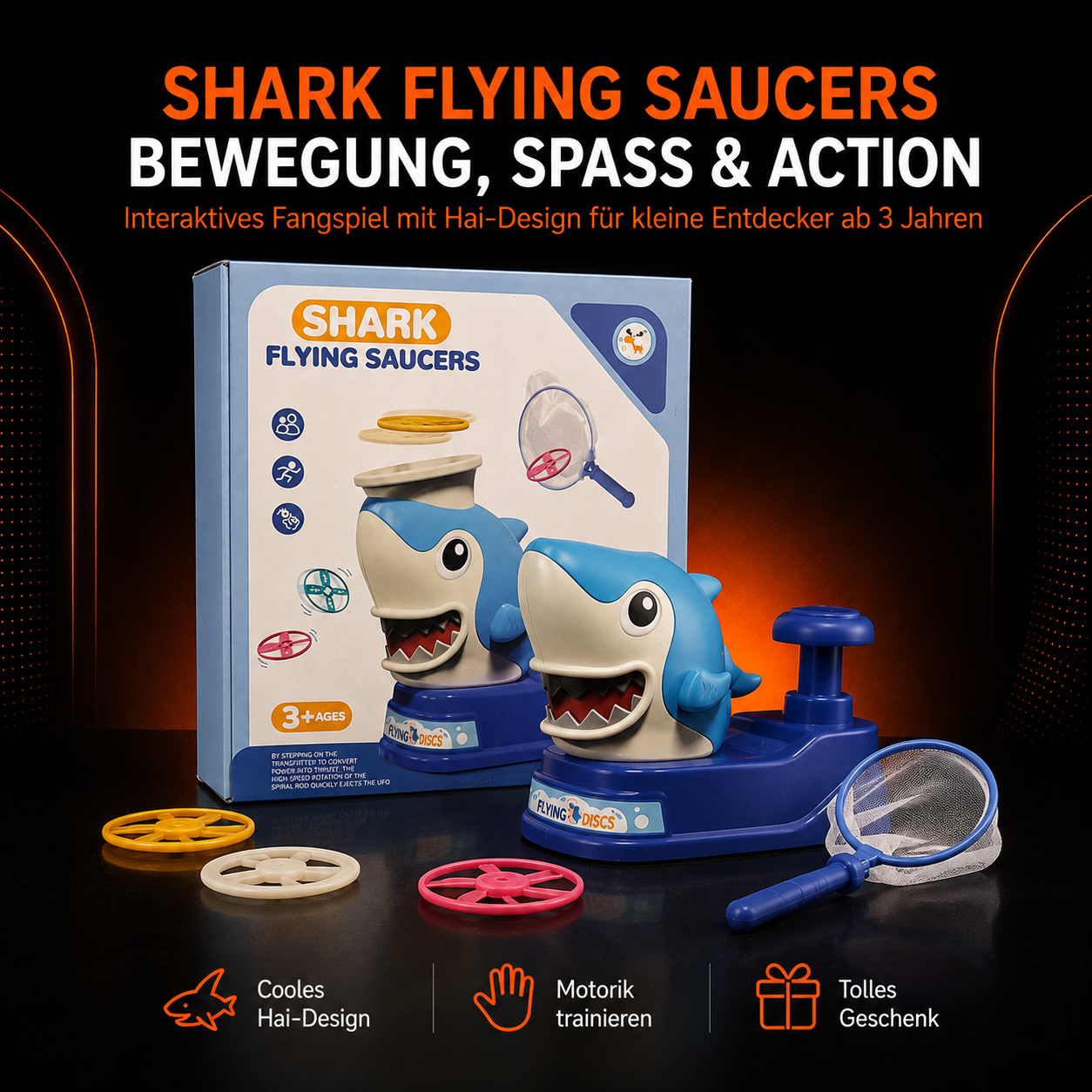 Shark Flying Saucers Fangspiel mit Hai-Launcher, Flugscheiben & Fangnetz – ab 3 Jahren