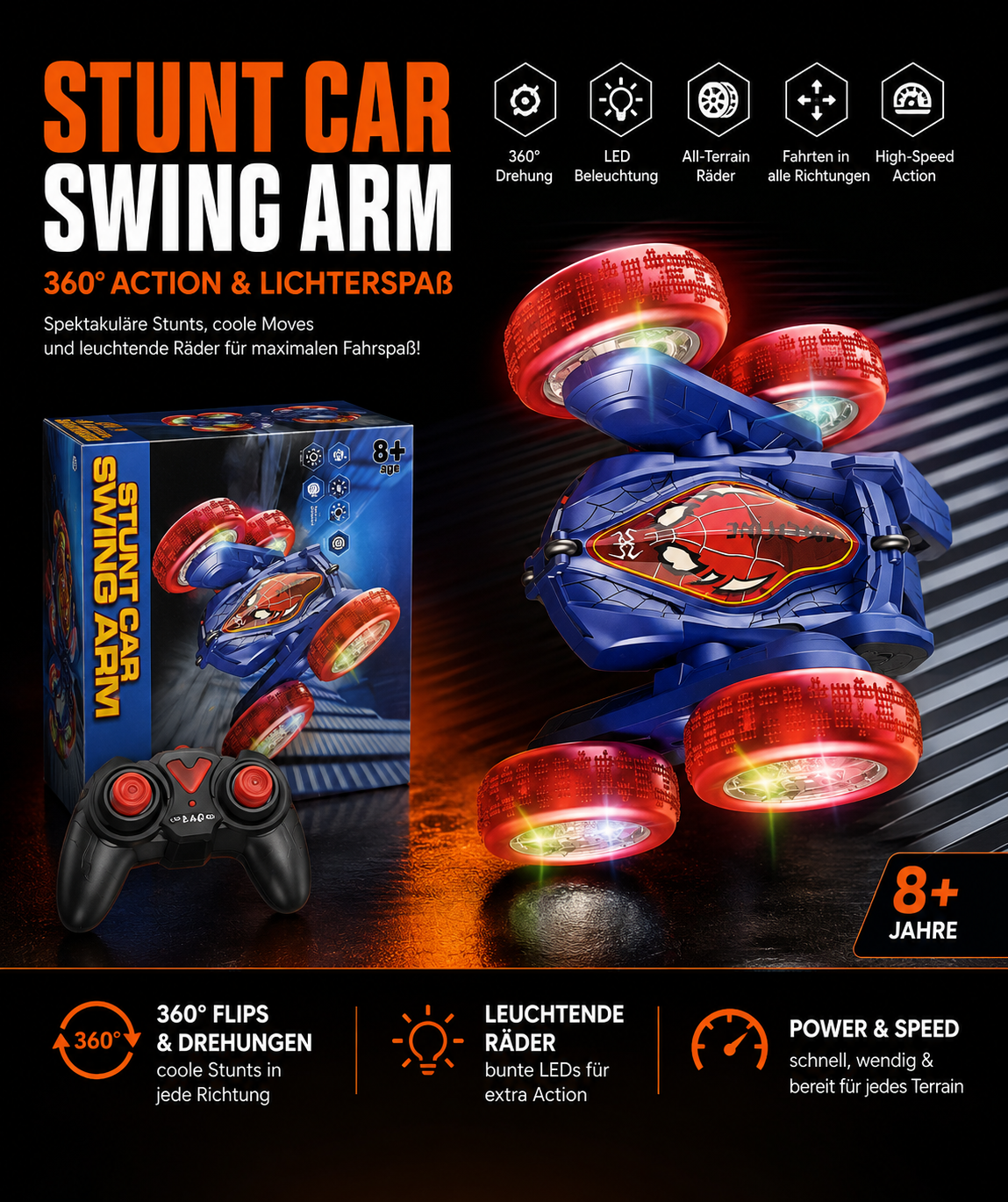 RC Stunt Car Swing Arm – ferngesteuertes Stuntauto mit Licht & Sound, ab 8 Jahren