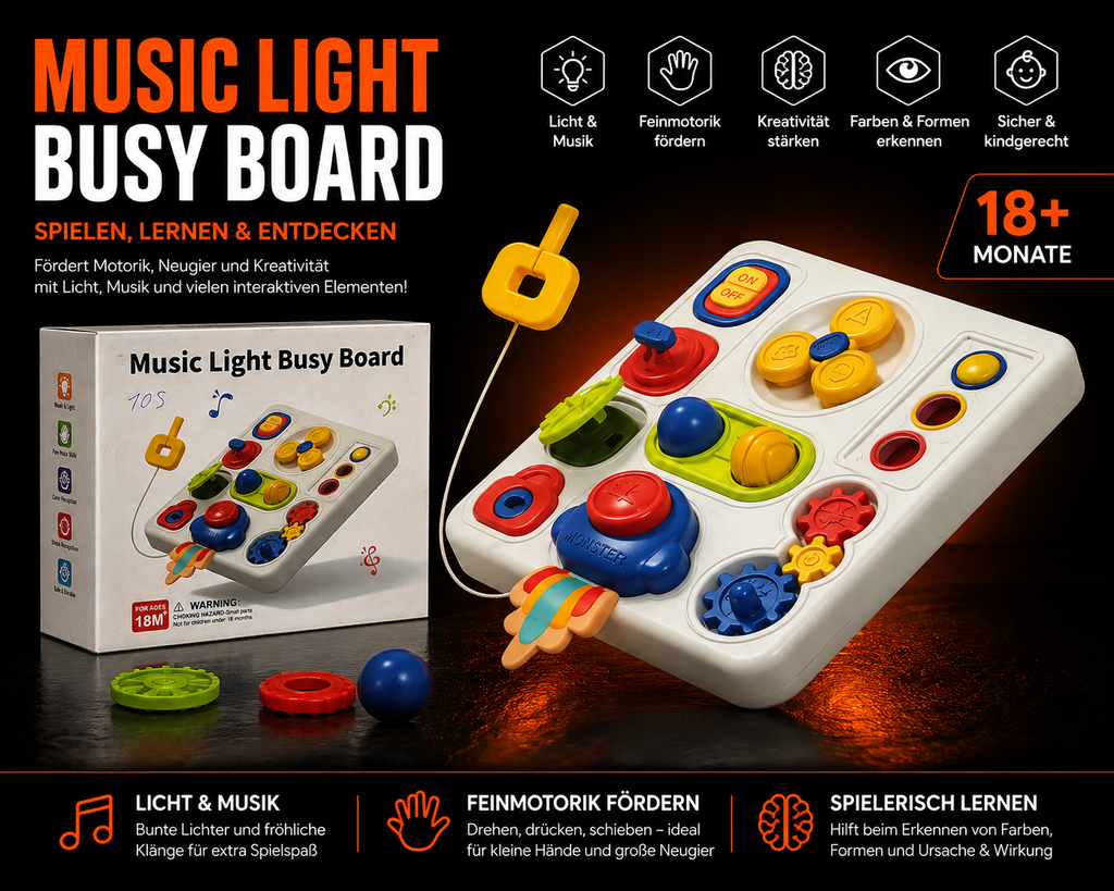 Music Light Busy Board mit Musik & Licht – interaktives Motorikspielzeug ab 18 Monaten