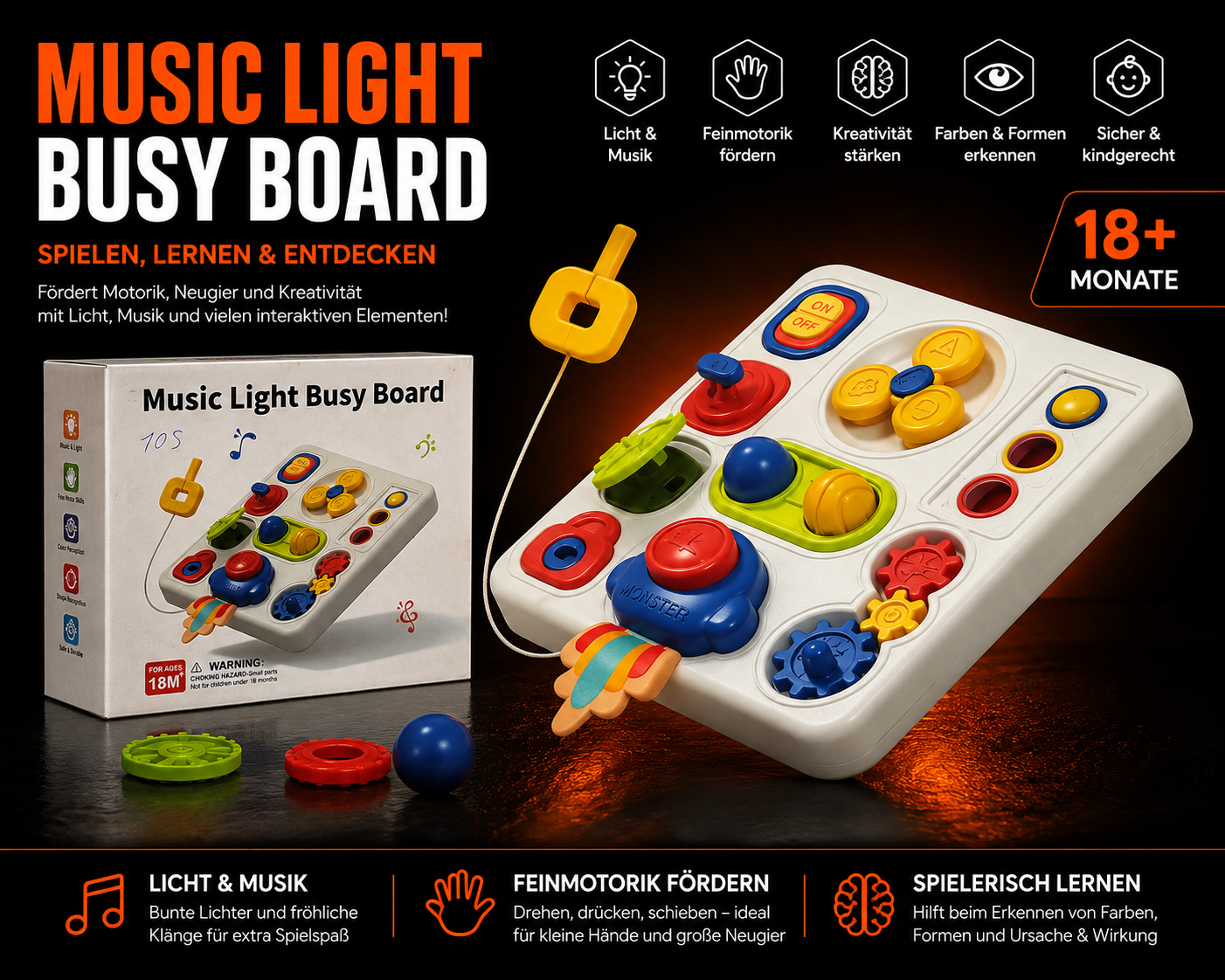Music Light Busy Board mit Musik & Licht – interaktives Motorikspielzeug ab 18 Monaten