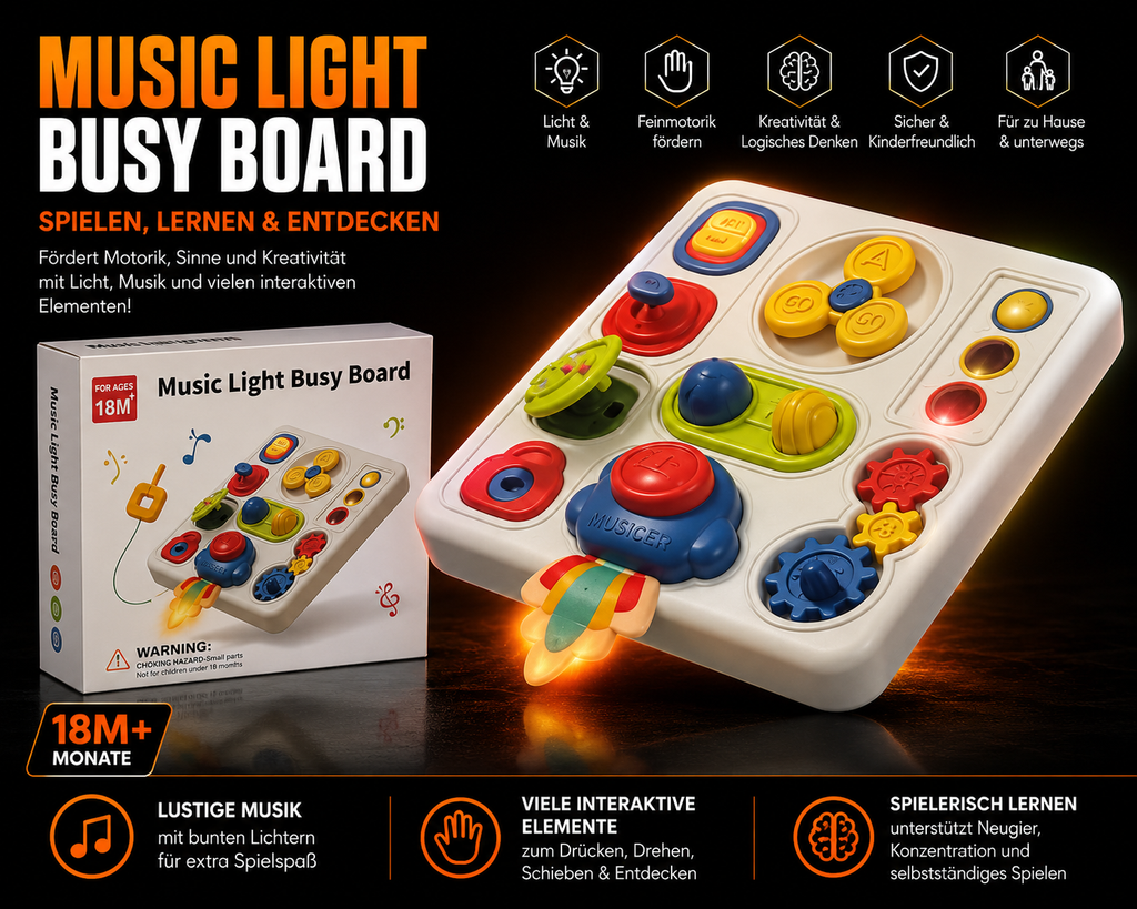 Music Light Busy Board mit Musik & Licht – interaktives Motorikspielzeug ab 18 Monaten