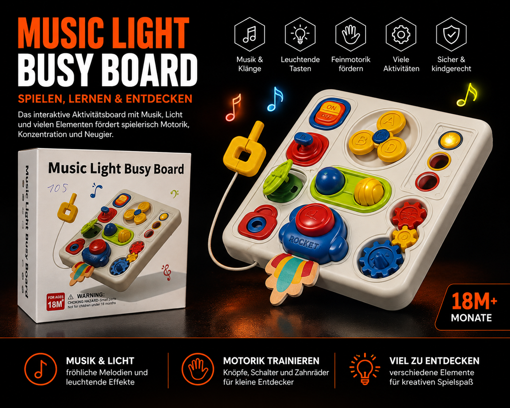 Music Light Busy Board mit Musik & Licht – interaktives Motorikspielzeug ab 18 Monaten