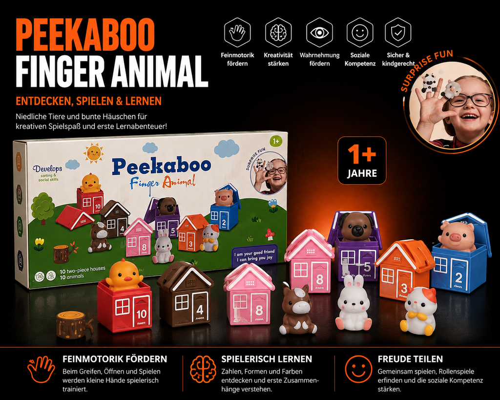 Peekaboo Finger Animal Lernspiel – 10 Tiere & 10 bunte Häuser ab 1 Jahr