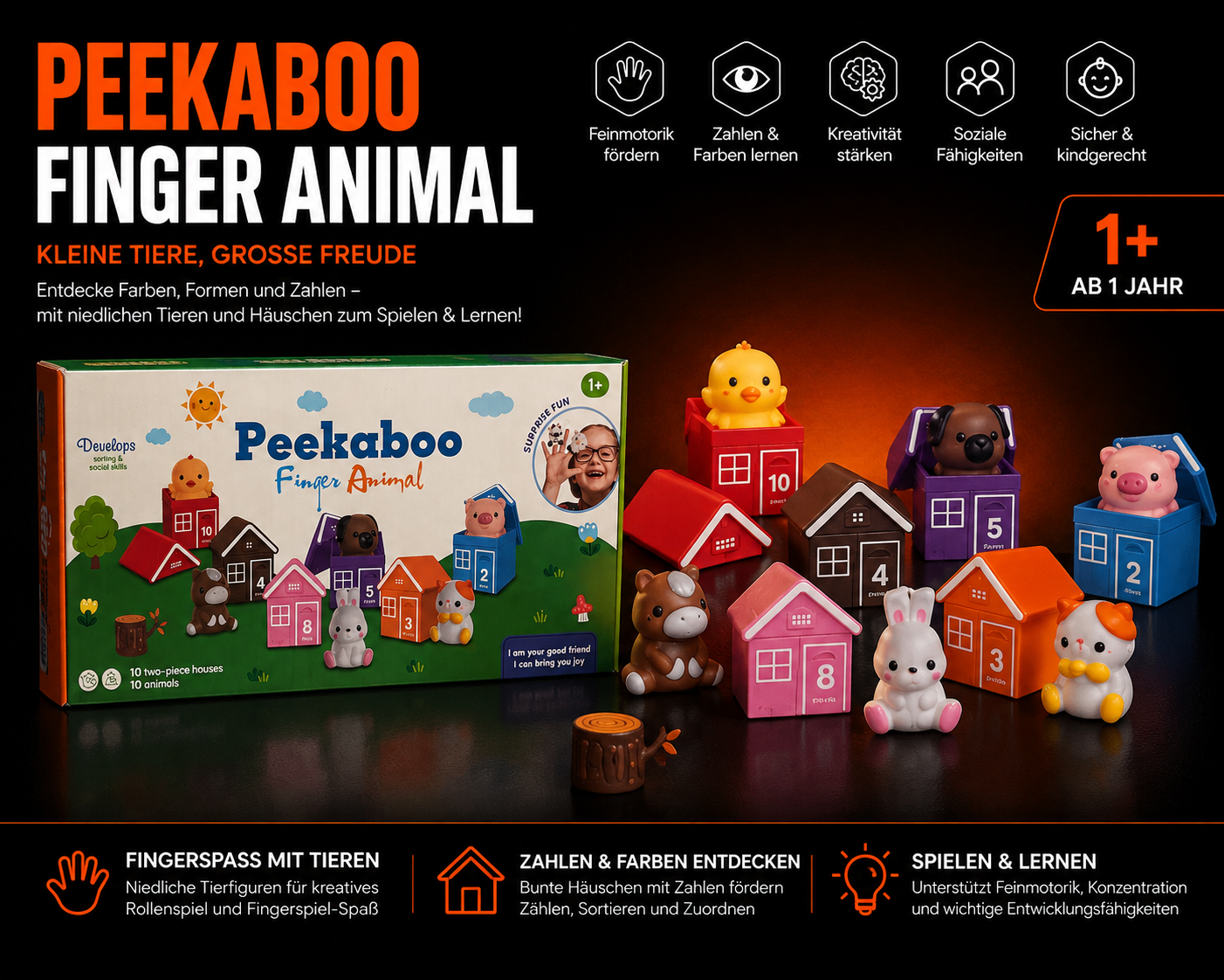 Peekaboo Finger Animal Lernspiel – 10 Tiere & 10 bunte Häuser ab 1 Jahr