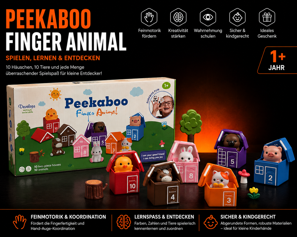 Peekaboo Finger Animal Lernspiel – 10 Tiere & 10 bunte Häuser ab 1 Jahr