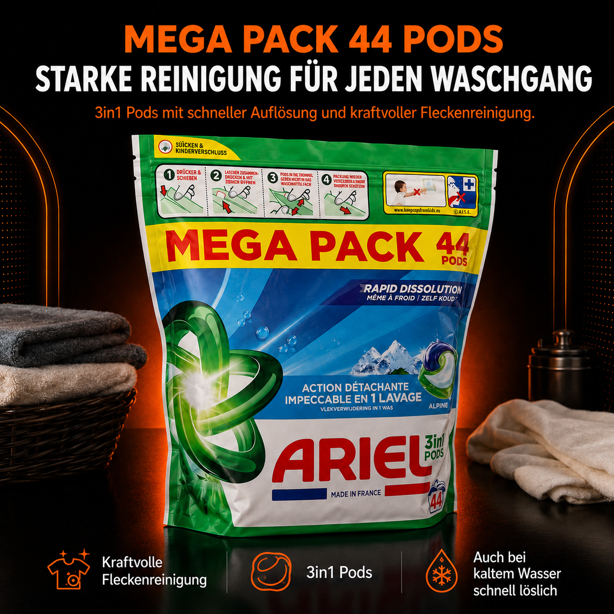 Ariel 3in1 Pods Alpine Mega Pack – 44 Waschmittel-Pods