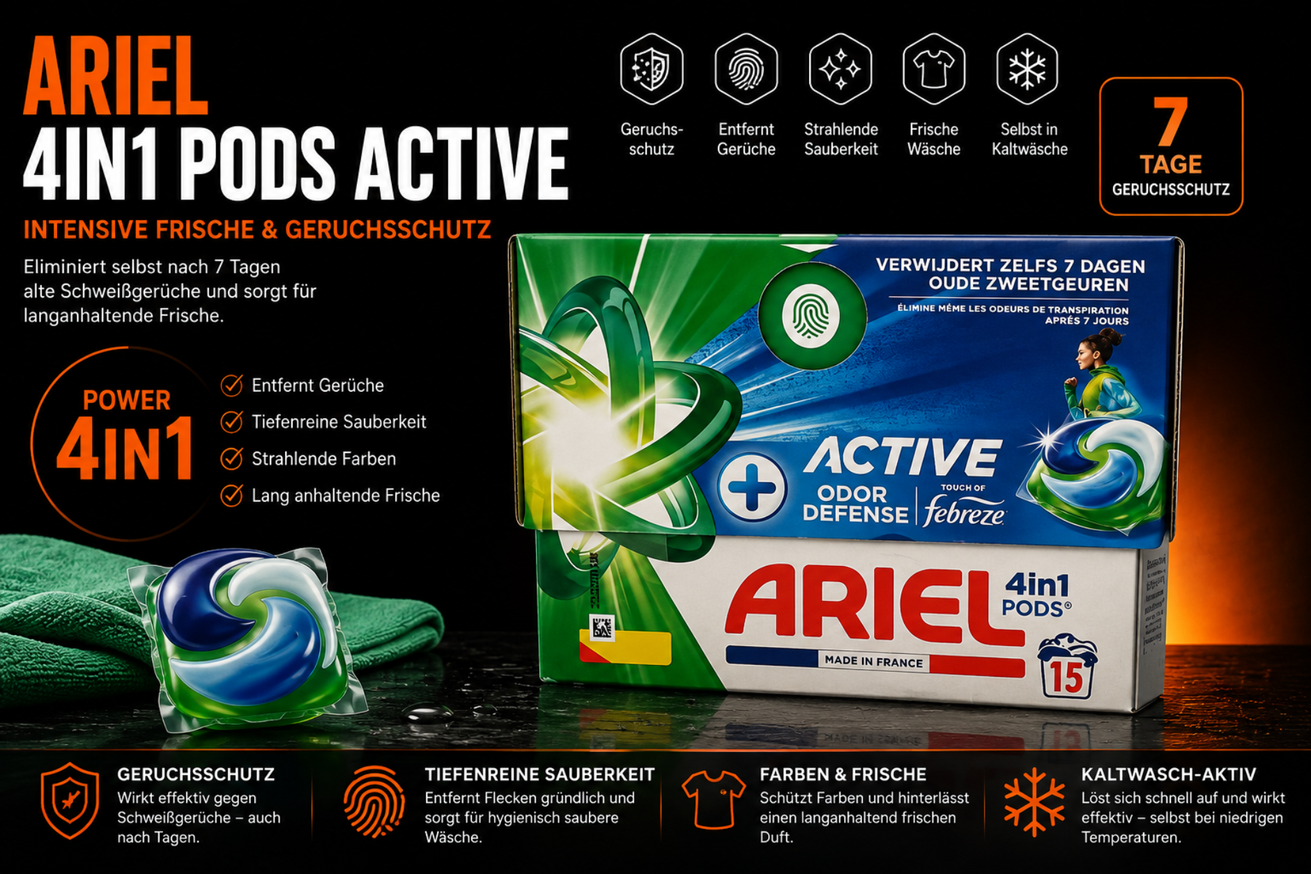 Ariel 4in1 Pods Active Odor Defense mit Febreze – 15 Waschmittel-Pods