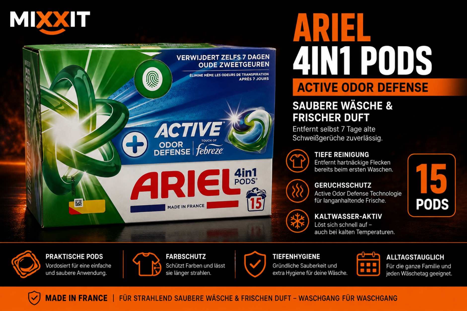 Ariel 4in1 Pods Active Odor Defense mit Febreze – 15 Waschmittel-Pods