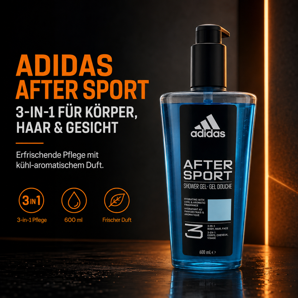 adidas After Sport 3-in-1 Duschgel für Körper, Haare & Gesicht – 600 ml