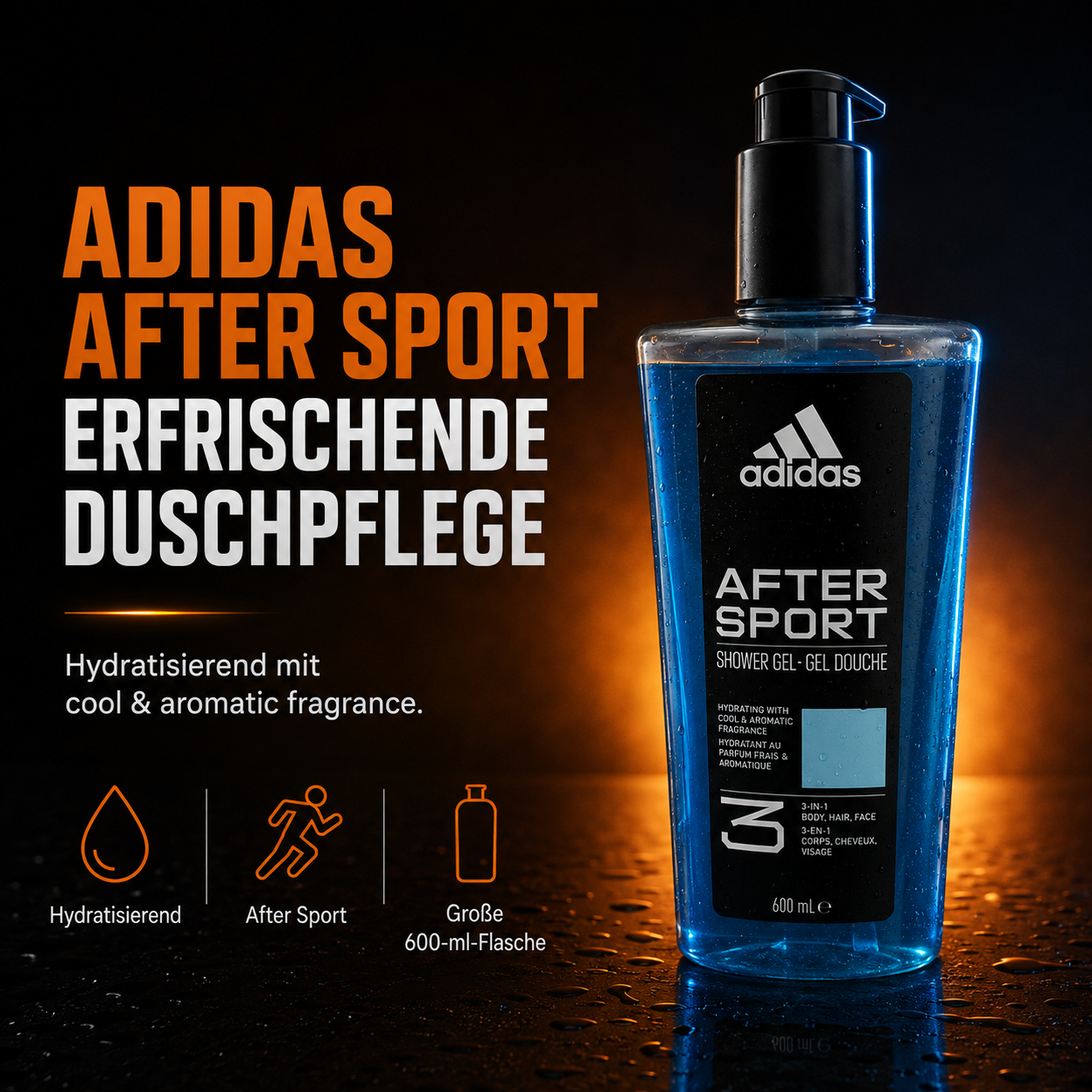 adidas After Sport 3-in-1 Duschgel für Körper, Haare & Gesicht – 600 ml