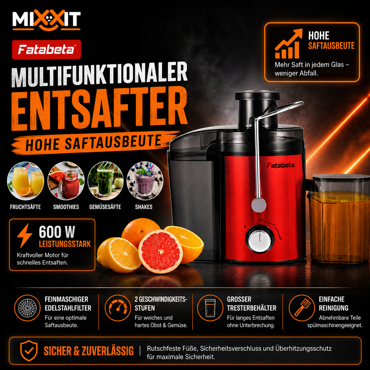 Fatabeta Multifunktionaler Entsafter mit 2 Geschwindigkeitsstufen