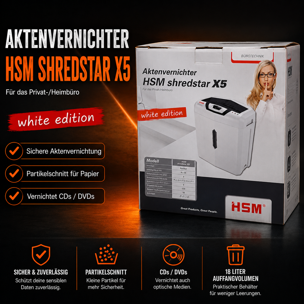 HSM shredstar X5 White Edition Aktenvernichter – Partikelschnitt, 18 Liter