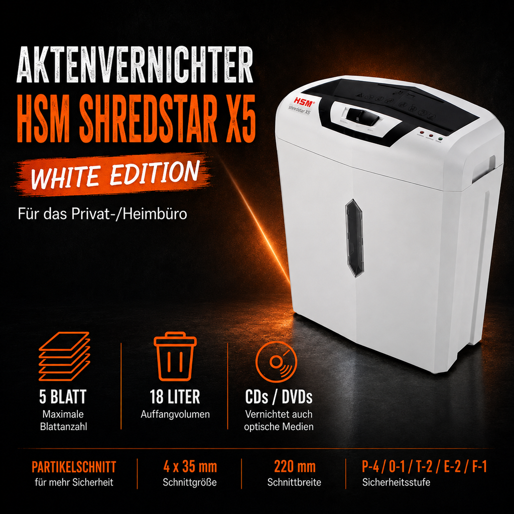 HSM shredstar X5 White Edition Aktenvernichter – Partikelschnitt, 18 Liter