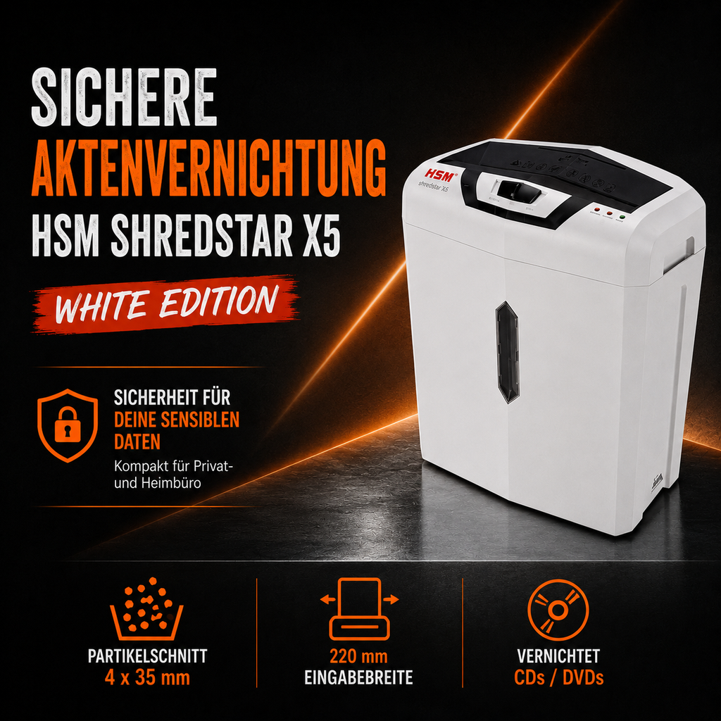 HSM shredstar X5 White Edition Aktenvernichter – Partikelschnitt, 18 Liter
