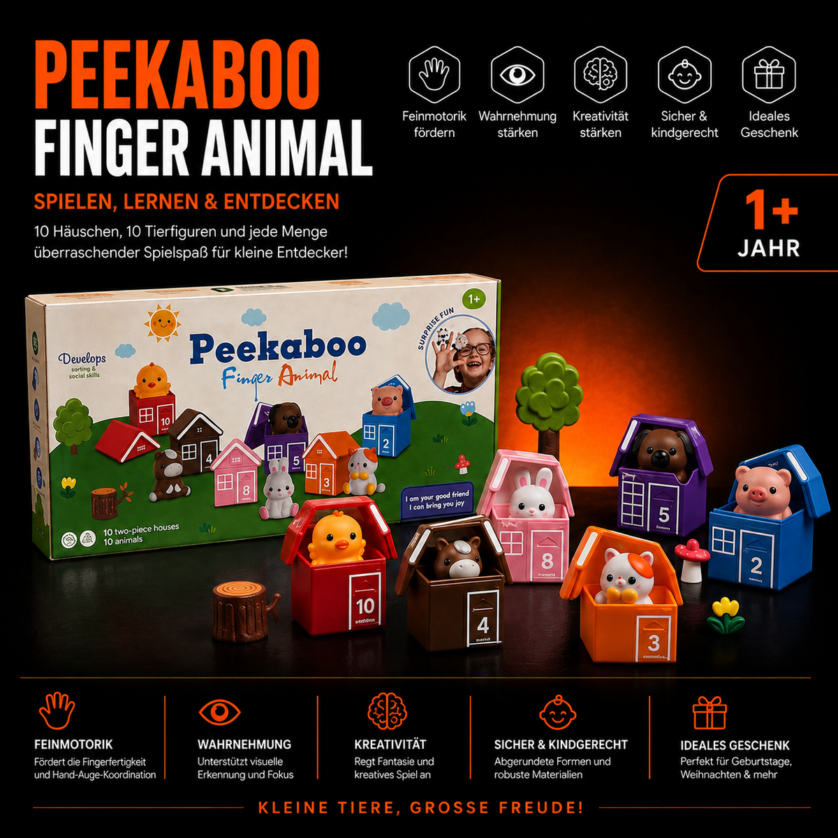 Peekaboo Finger Animal Lernspiel – 10 Tiere & 10 bunte Häuser ab 1 Jahr