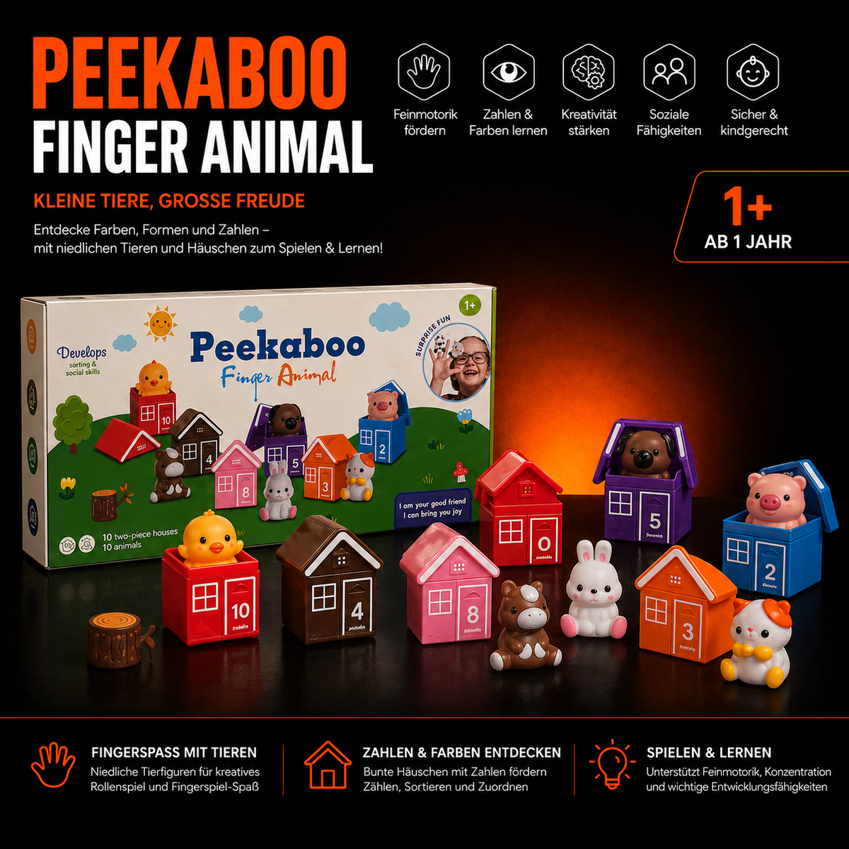 Peekaboo Finger Animal Lernspiel – 10 Tiere & 10 bunte Häuser ab 1 Jahr