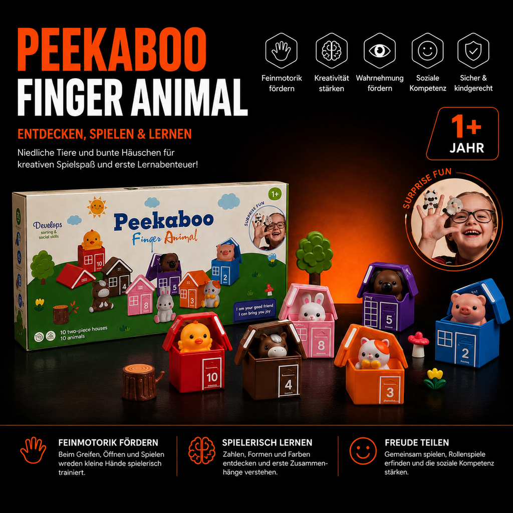 Peekaboo Finger Animal Lernspiel – 10 Tiere & 10 bunte Häuser ab 1 Jahr