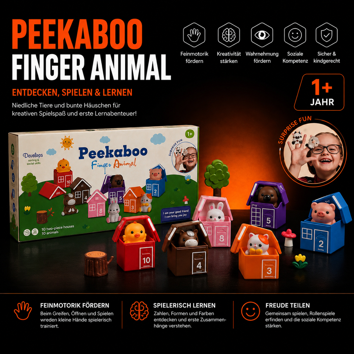 Peekaboo Finger Animal Lernspiel – 10 Tiere & 10 bunte Häuser ab 1 Jahr