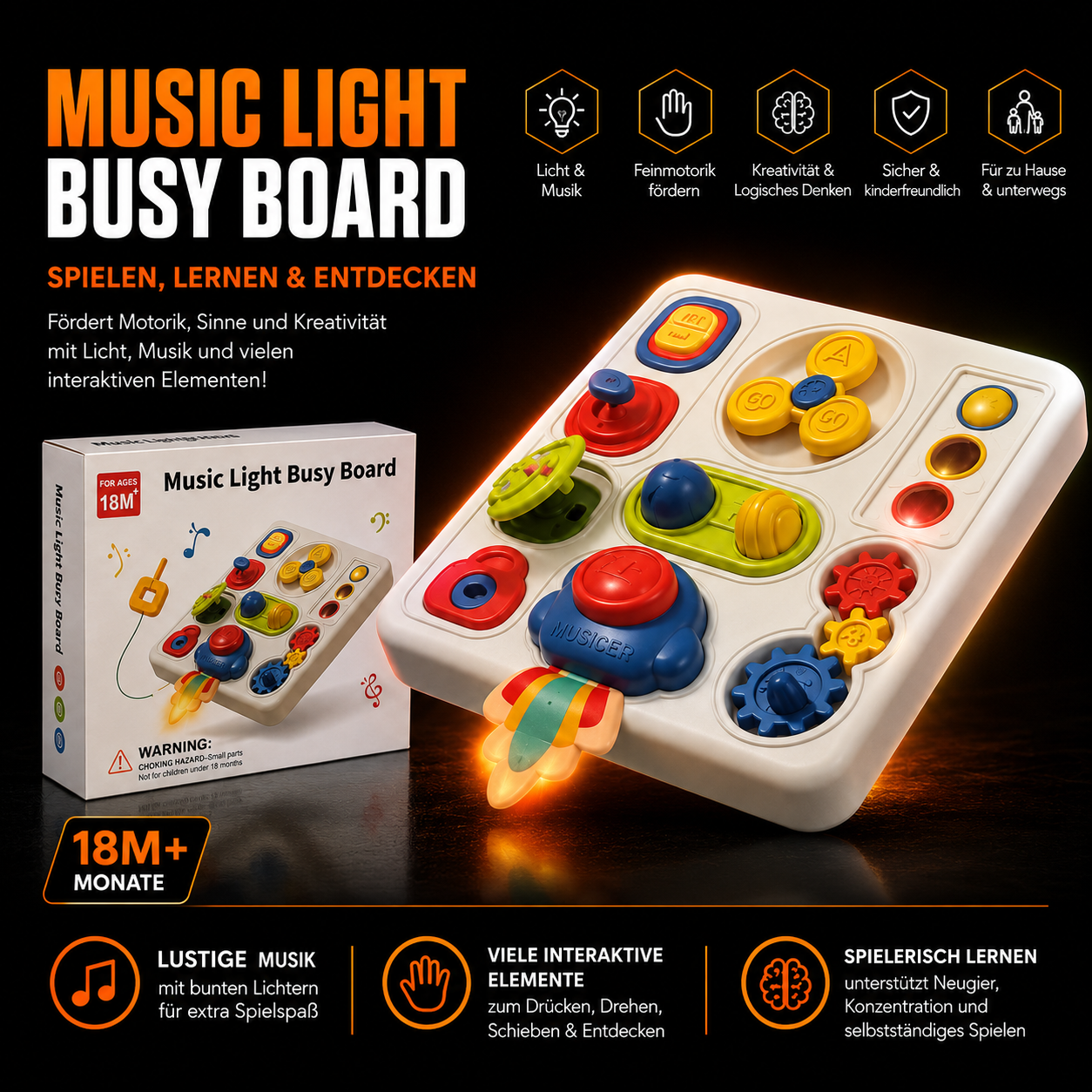 Music Light Busy Board mit Musik & Licht – interaktives Motorikspielzeug ab 18 Monaten