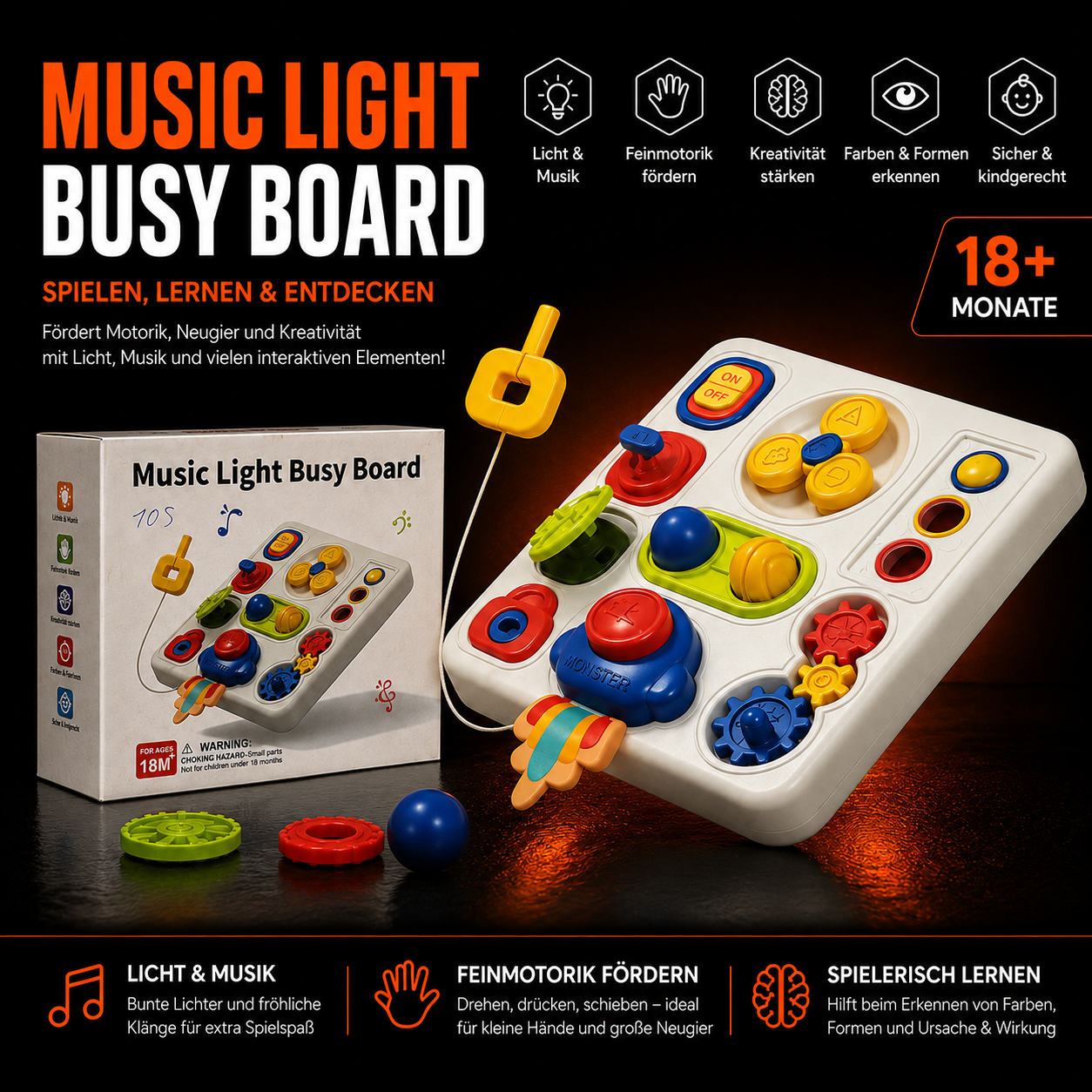 Music Light Busy Board mit Musik & Licht – interaktives Motorikspielzeug ab 18 Monaten