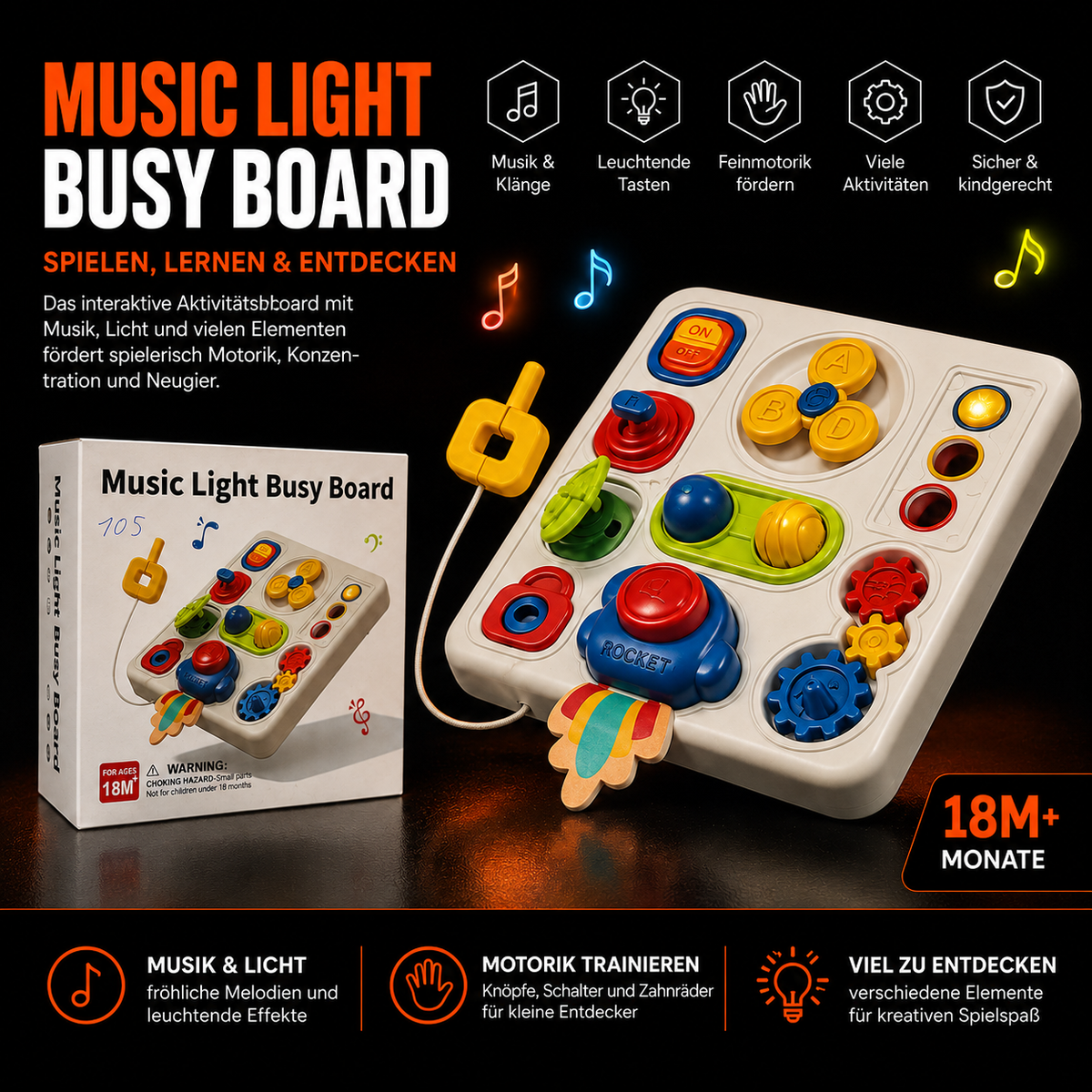 Music Light Busy Board mit Musik & Licht – interaktives Motorikspielzeug ab 18 Monaten