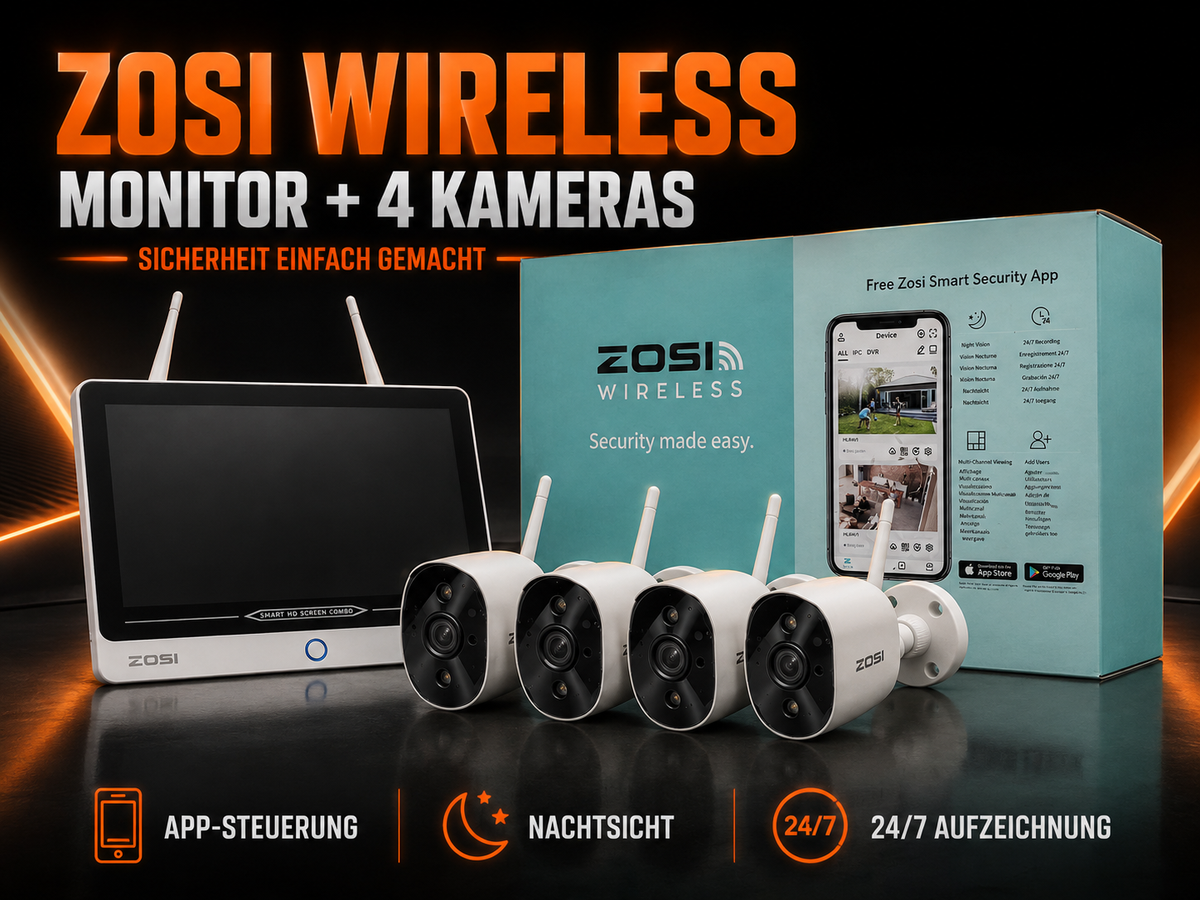 ZOSI Wireless Überwachungssystem mit Monitor & 4 Kameras – App, Nachtsicht & 24/7 Aufzeichnung